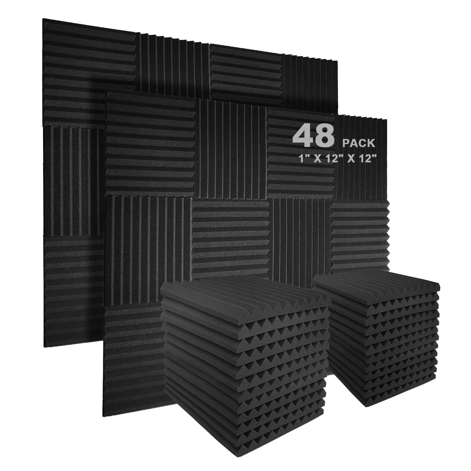 Jber Sound Proof Foam Panels Studio Acoustic Foam Panels,48 Pack 1'' X 12'' X 12''Soundproofing Wedges Sound Proof Padding Firep