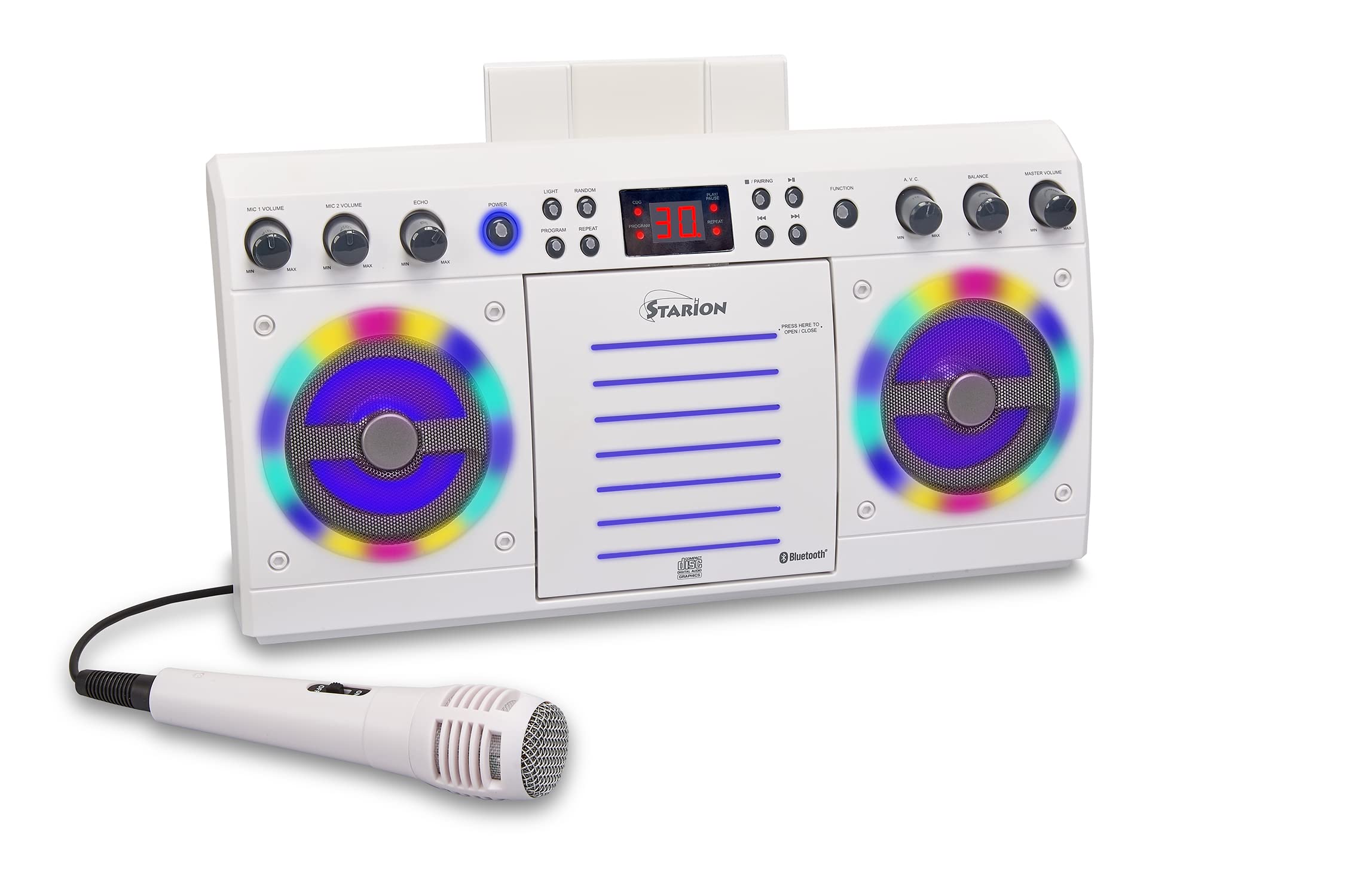 Starion KS303W-B Portable Bluetooth/CD+G Karaoke Machine - White l Built-in Stereo Speakers l Detachable Tablet Holder l Multi-C