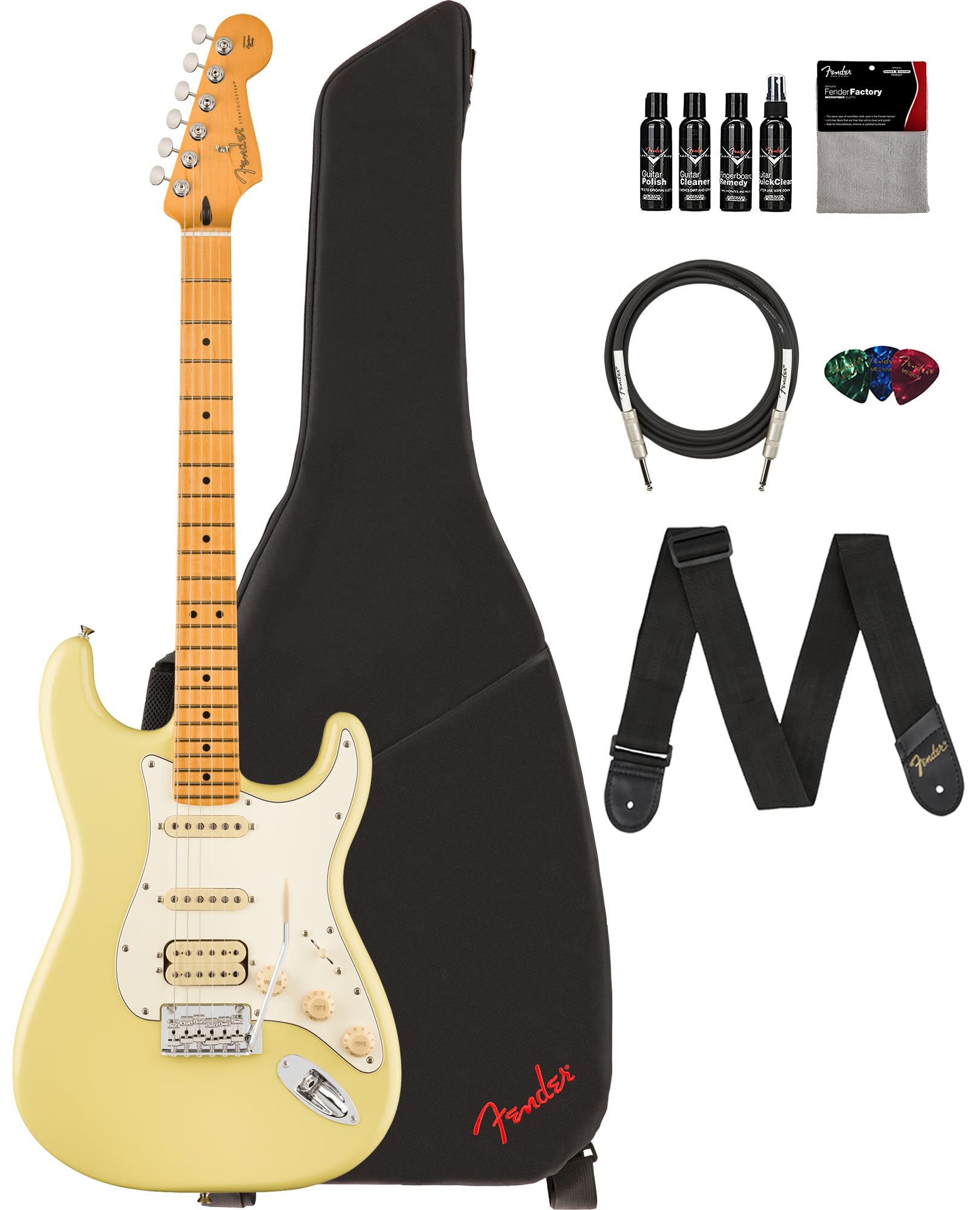 Fender Player Ii Stratocaster Hss - Hialeah Yellow Bundle With Gig Bag, Strap, Cable, 3-Pack Picks And Guitar Cleaning Kit