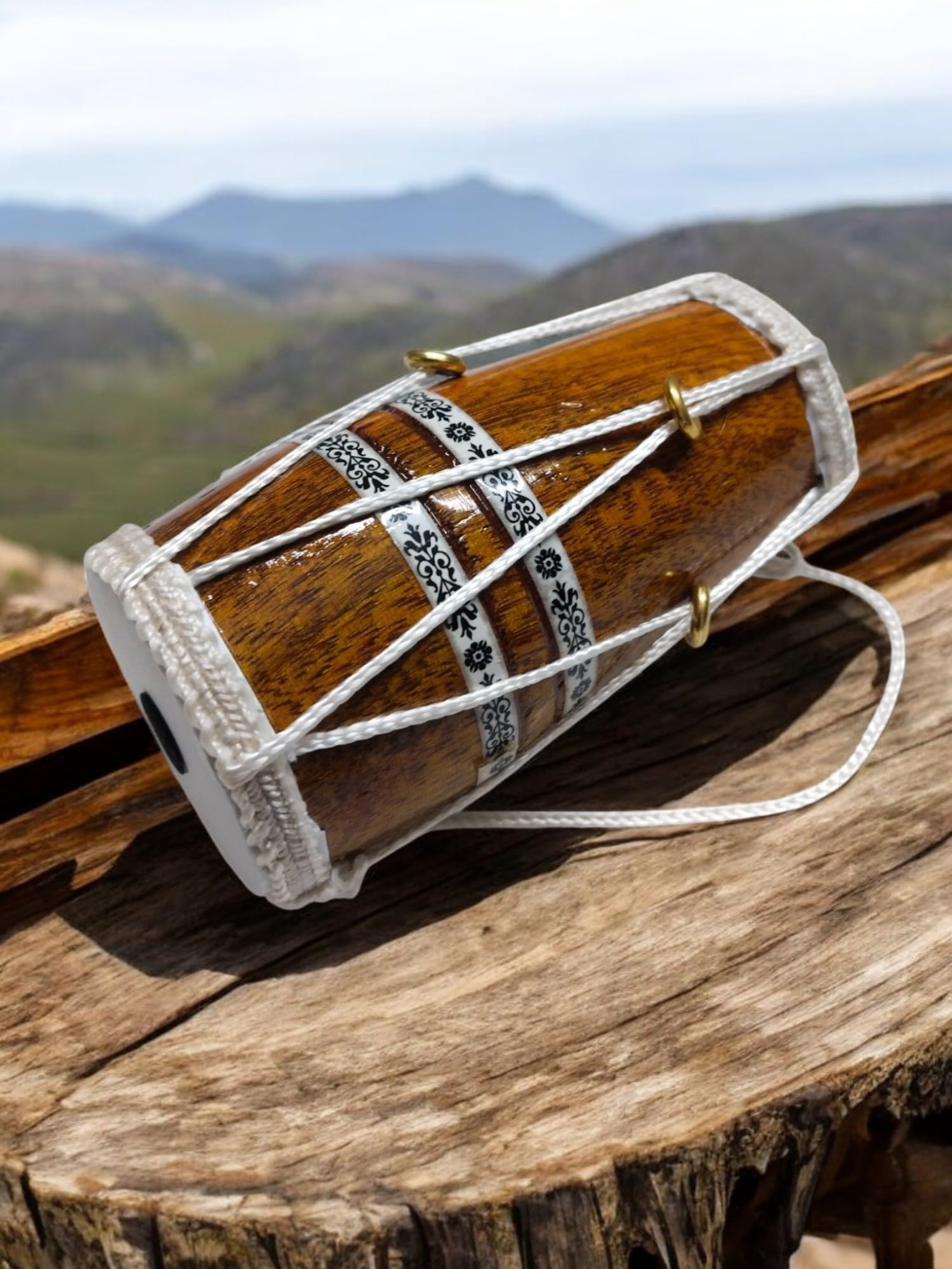 Handcrafted Wooden Dholak Traditional Indian Musical Decor, White Rope Design, Brown