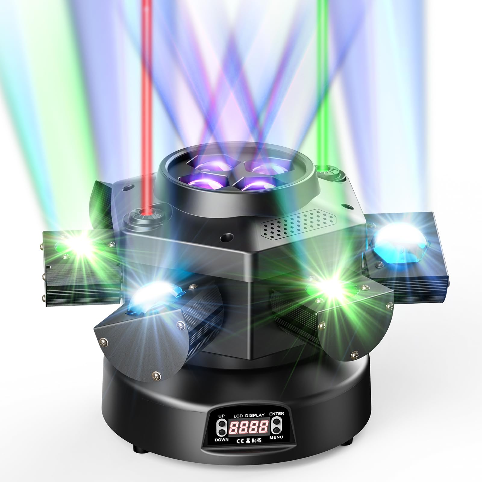 Moving Head DJ Lights, 150W RGBW LED Moving Head Light with Mixed Lighting Effects, 6 Arms Party Lights Support DMX-512 & Sound 
