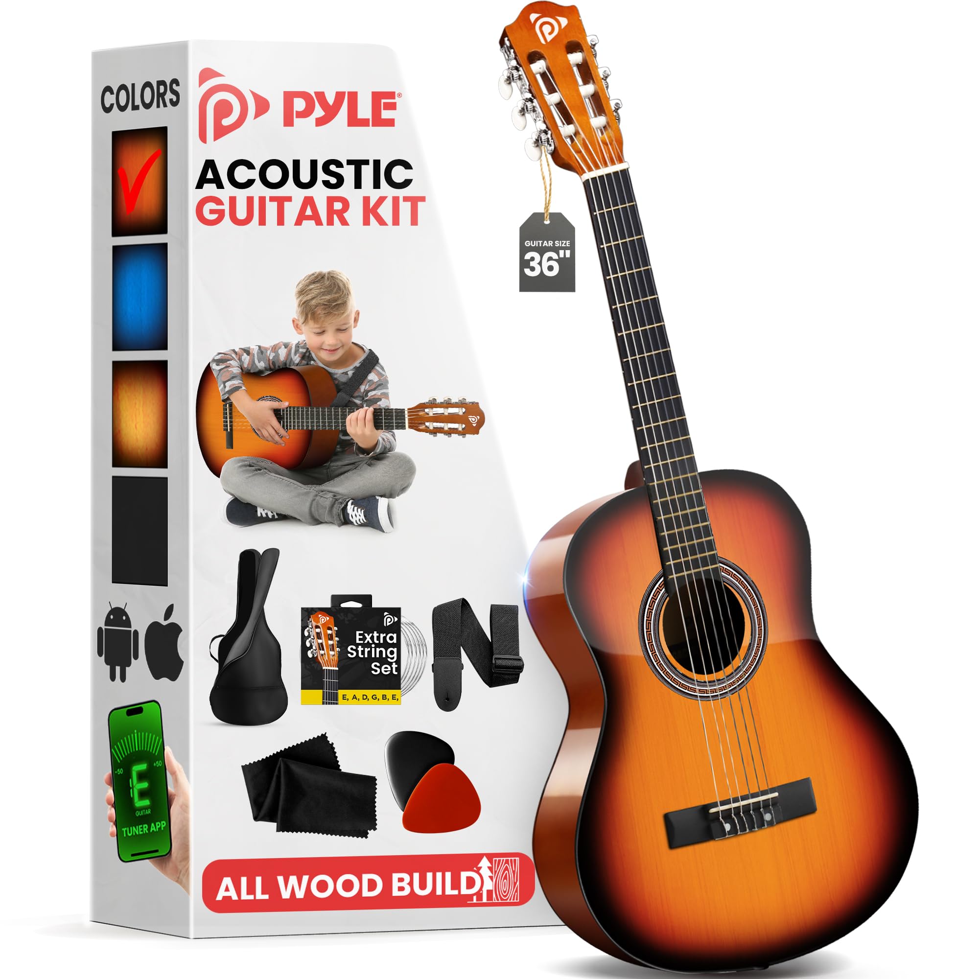 Pyle Beginner Acoustic Guitar Kit, 3/4 Junior Size All Wood Instrument For Kids, Adults, 36'' Sun Burst
