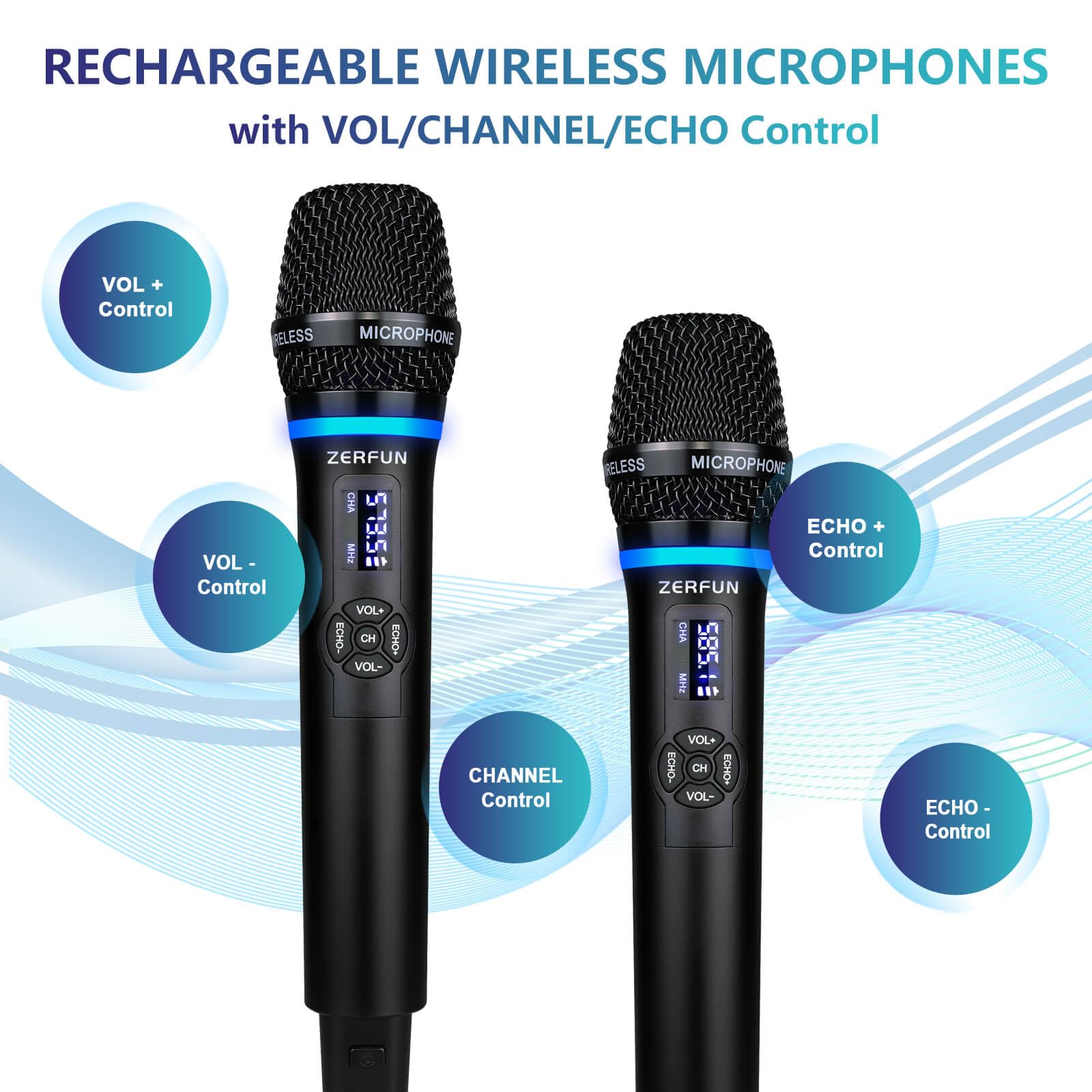 ZERFUN Dual Wireless Microphones Rechargeable, UHF Metal Wireless Mic System Cordless Microphone Professional with Echo VOL Chan