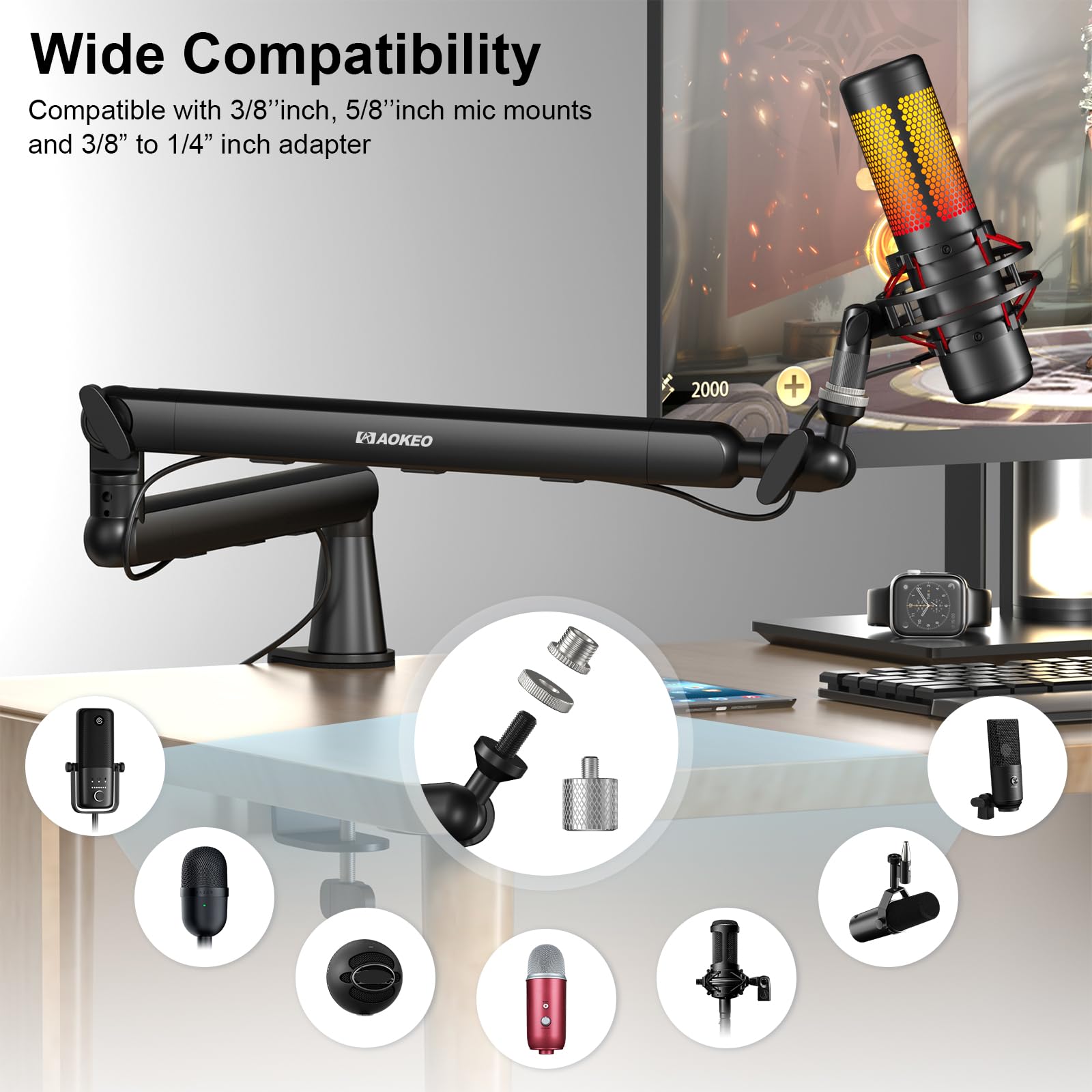 Microphone Arm,Aokeo AK-55 Desk Low Profile Adjustable Mic Boom Arm Stand,Suitable For Blue Yeti,Snowball iCE, HyperX QuadCast,S
