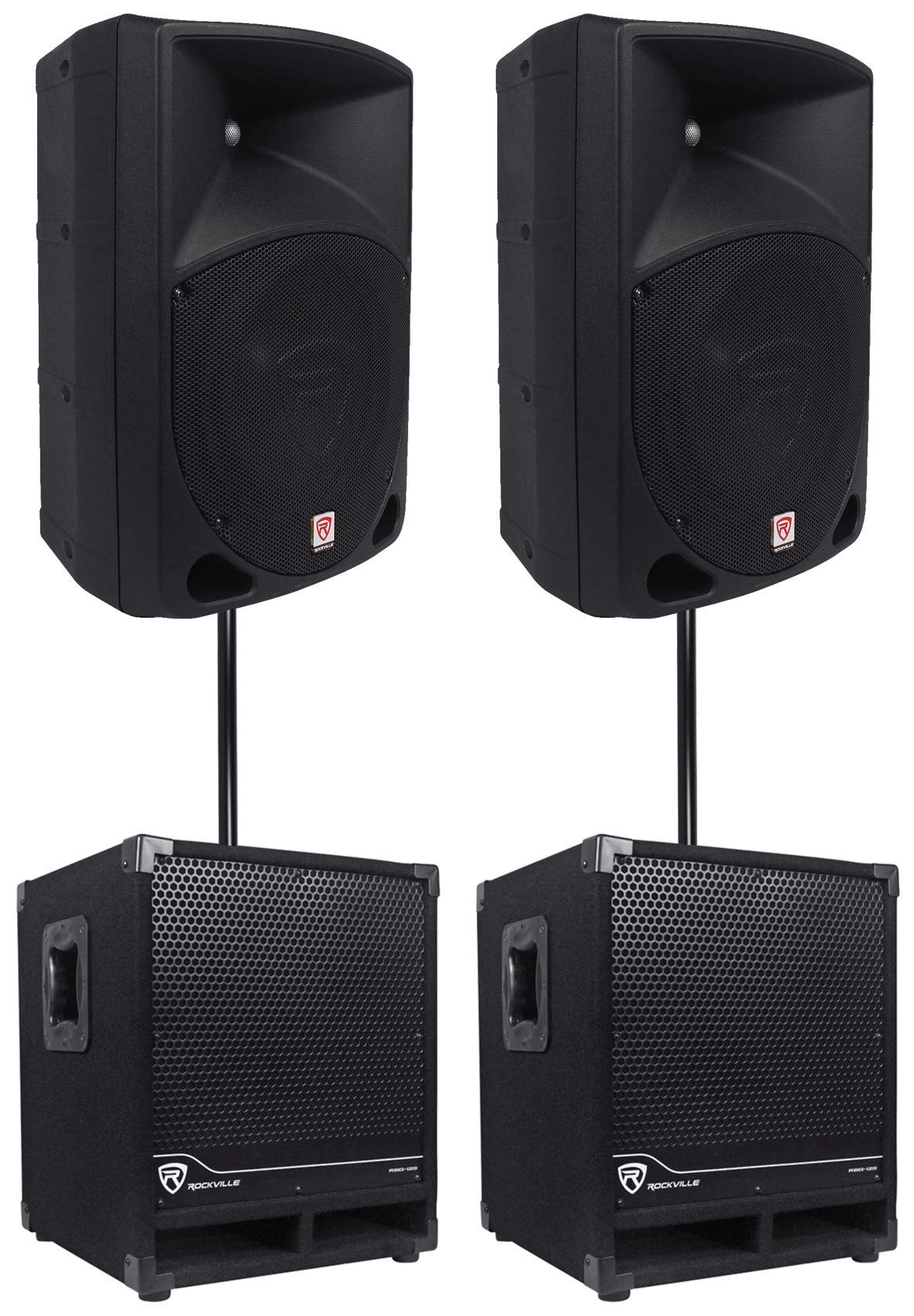 Rockville 2 Rpg10 10'' Powered 600W Dj Pa Speakers+2 Subwoofers+Mounting Poles