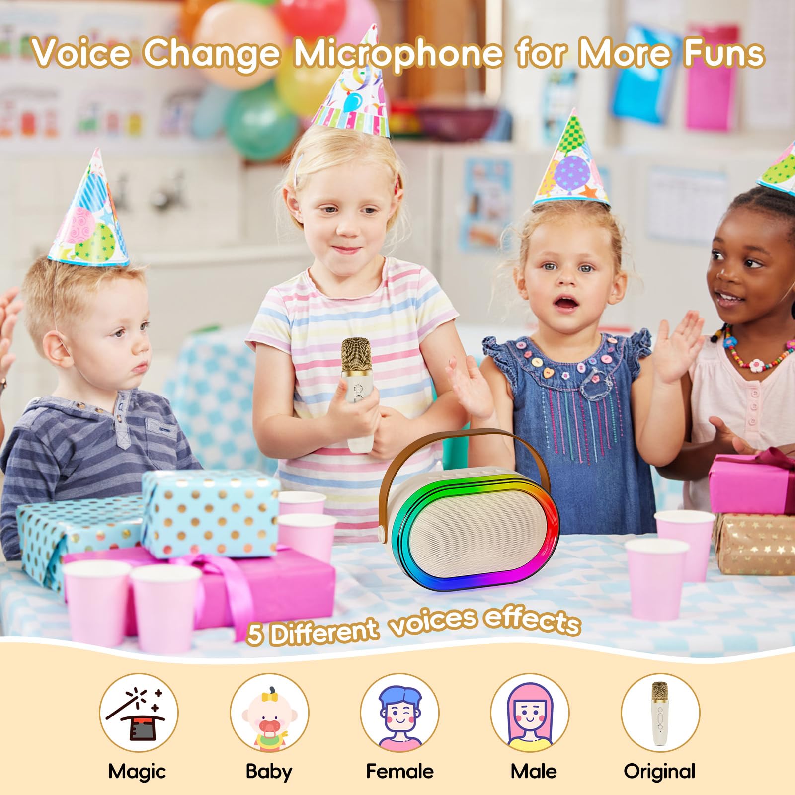 HWWR Karaoke Machine for Kids Adults, Portable Bluetooth Speaker Mini Karaoke Machine with 2 Wireless Microphones & LED Lights f