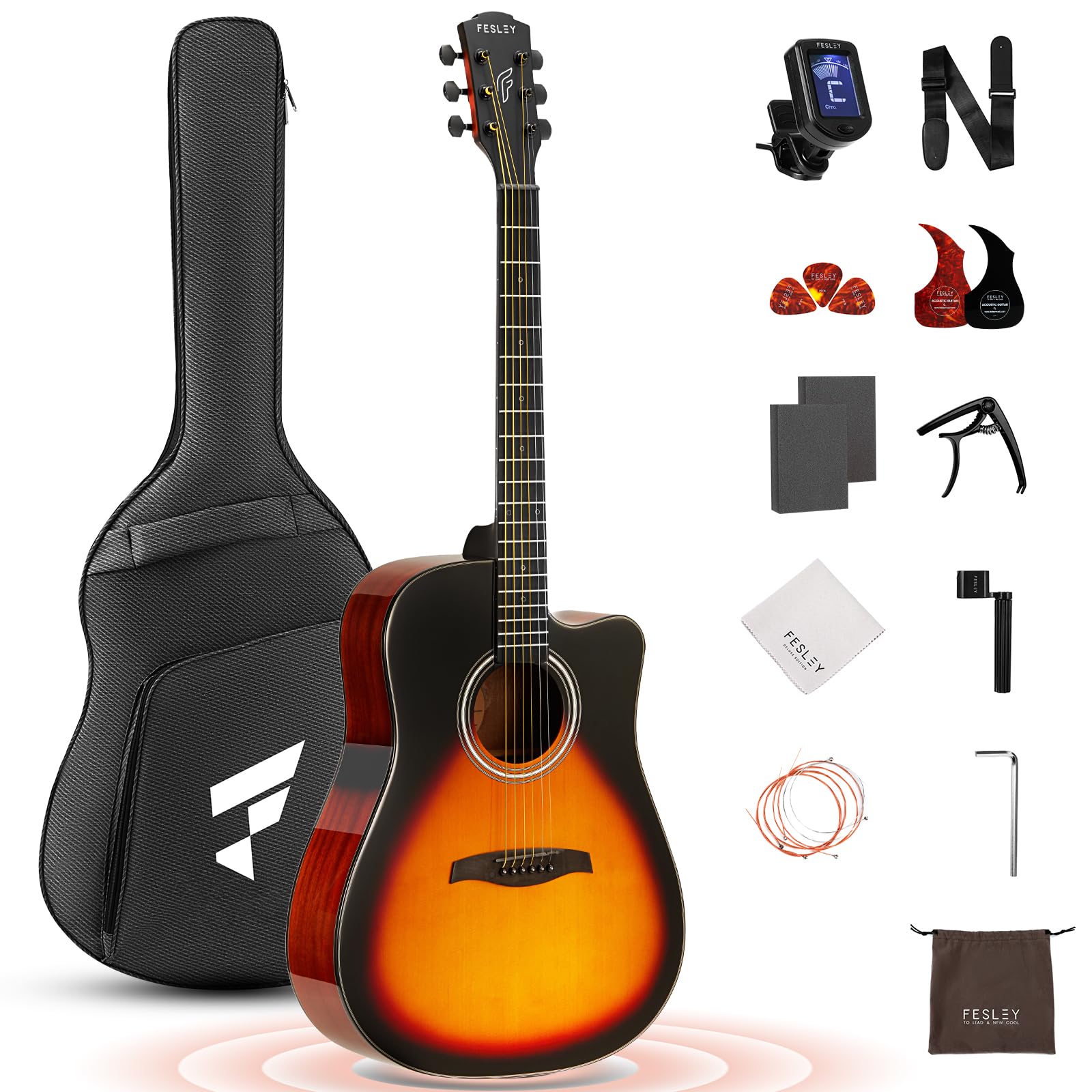 Fesley X Acoustic Guitar Kit, 41 Inch Full Size 6 String Cutaway Guitarra Ac  Stica For Beginner Adults With Tuner, Gig Bag, Str