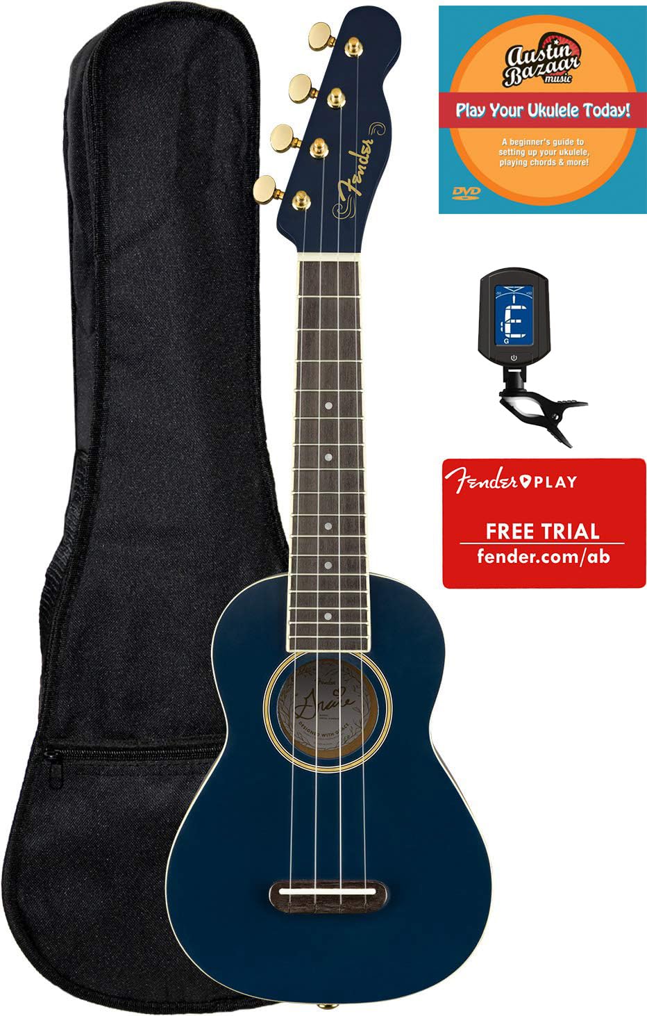 Fender Grace Vanderwaal Soprano Ukulele - Moonlight Bundle with Gig Bag, Tuner, Fender Play Online Lessons, and Austin Bazaar In