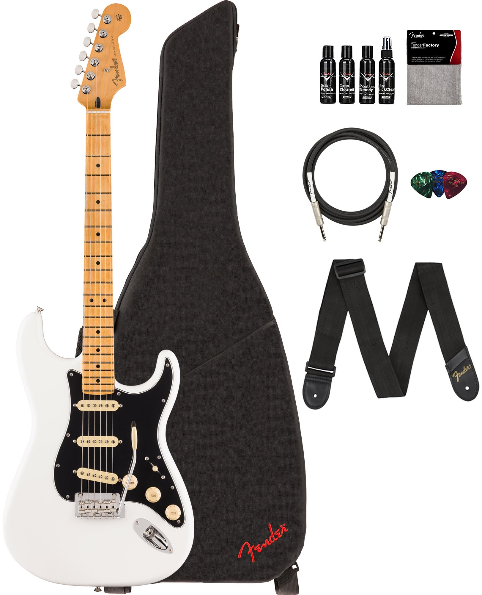 Fender Player Ii Stratocaster, Maple - Polar White Bundle With Gig Bag, Strap, Cable, 3-Pack Picks And Guitar Cleaning Kit