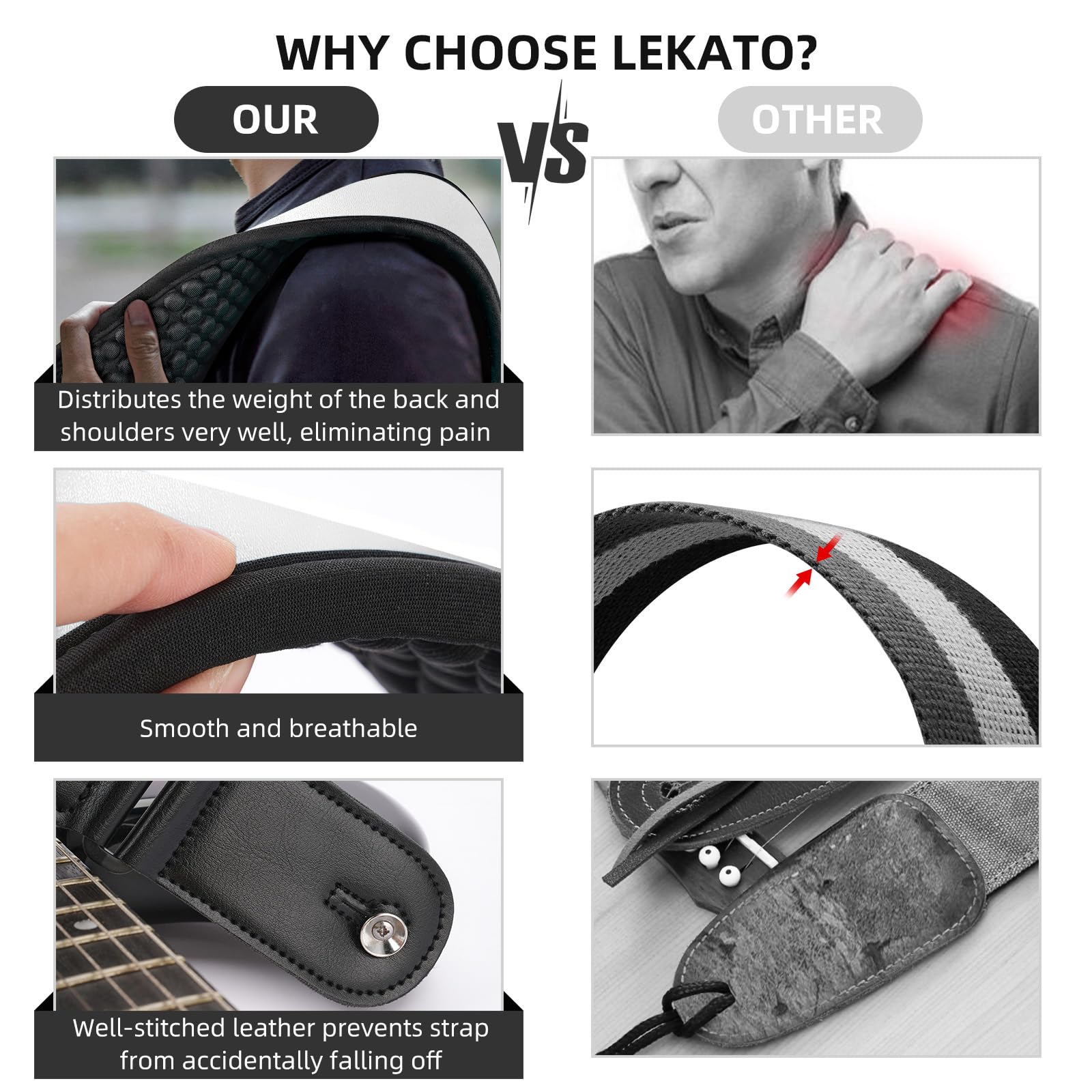 LEKATO Guitar Straps for Electric Guitar & Bass, 3.5'' Wide Padded Guitar Strap Neoprene Pad with 3D Sponge Filling Bass Guitar