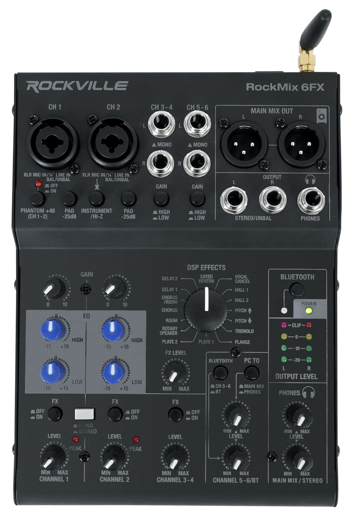 Rockville Rockmix 6Fx 6 Channel Mixer Usb Computer Recording Interface+Effects