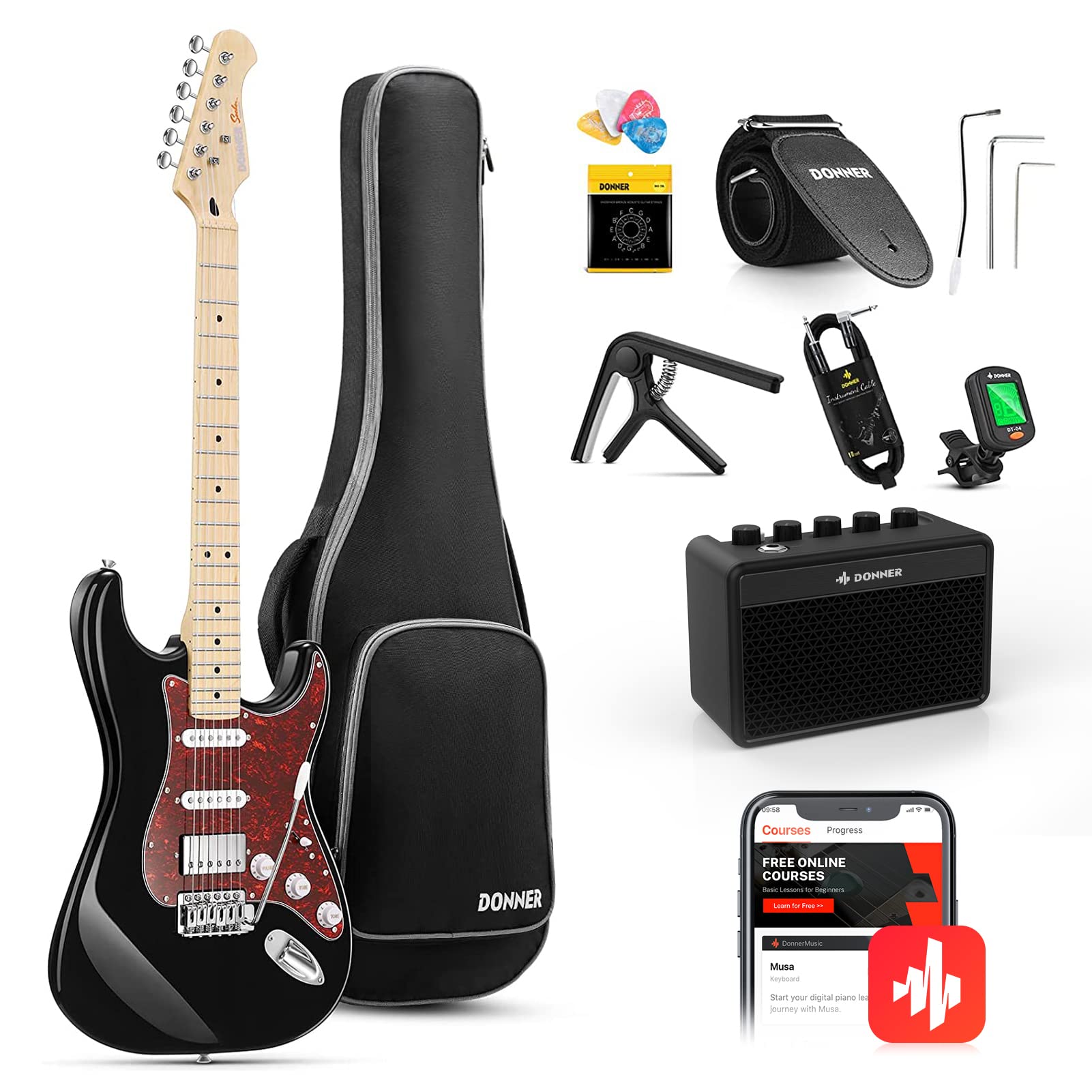 Donner, Dst-152B 39 Electric Guitar Kit Hss Pickup Coil Split With Amp, Bag, Accessories, Black Solid Body Guitarra Electrica