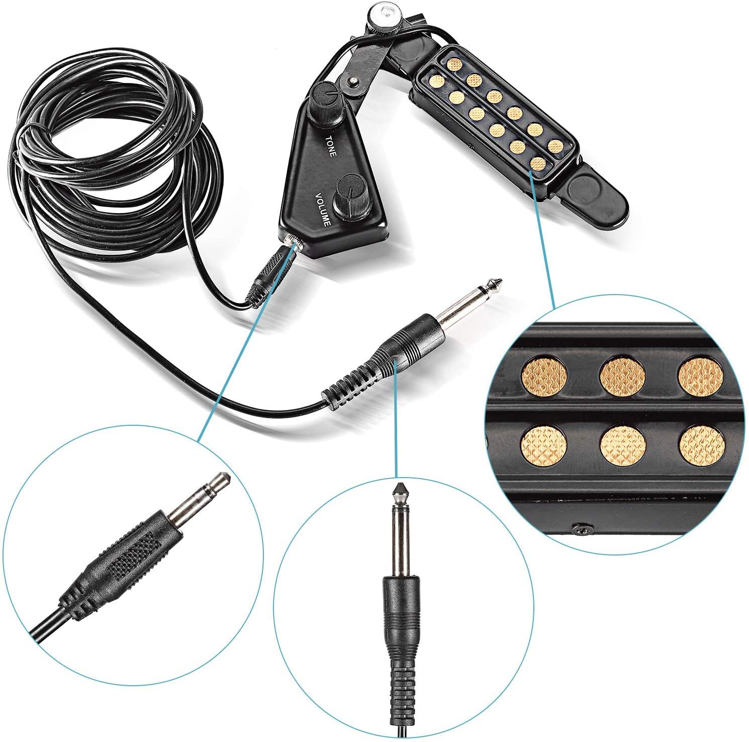 ENASGLOO 12-Hole Guitar Pickup Acoustic Electric Transducer for Acoustic Guitar Magnetic Preamplifier with Guitar Capo & 10 FT A