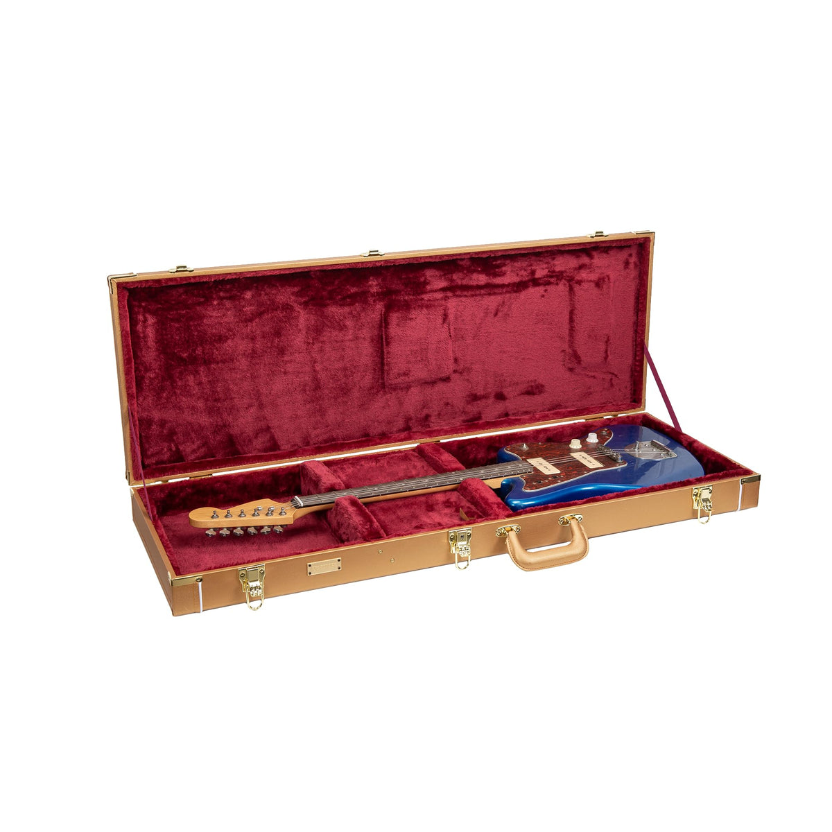 Crossrock Rectangular Wooden Electric Guitar Case For Jazzmaster & Jaguar | Luxury Gold Faux Leather, Burgundy Velvet Interior,