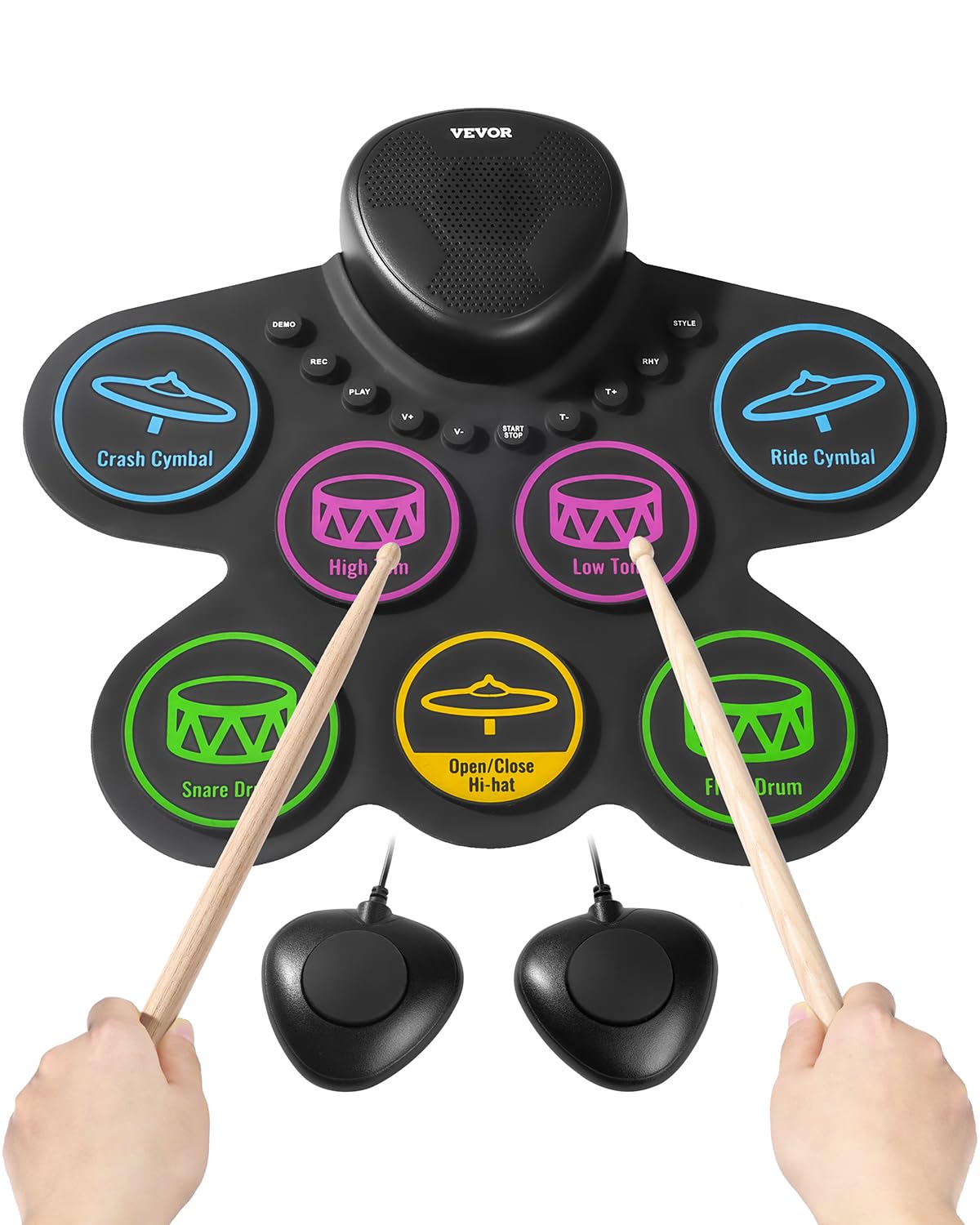 VEVOR Electronic Drum Set, 7 Pads, Roll-Up Practice Drum Pad with Headphone Jack, Built-In Speaker, Electric Drum Kit with Pedal
