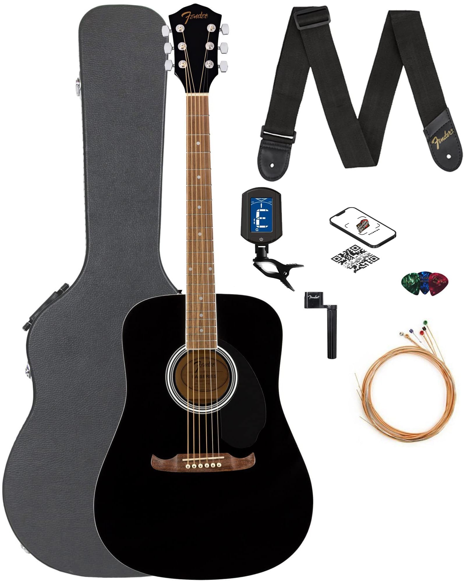 Fender FA-125 Dreadnought Guitar - Black Bundle with Hard Case, Tuner, Strap, Strings, Sting Winder, Picks, and Austin Bazaar In