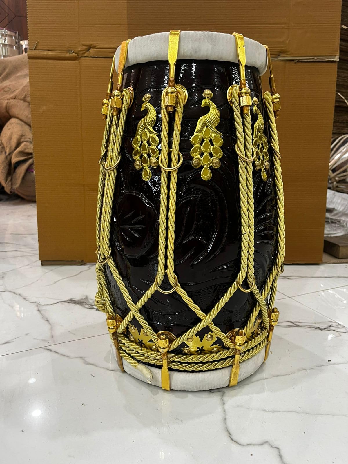 PROFESSIONAL DESIGN DHOLAK DRUM~HAND MADE INDIAN~SHESHAM WOOD & SPECIAL BLACK SKIN WITH BAG