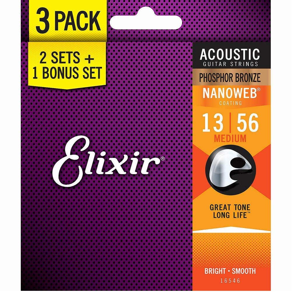 Elixira Strings 16546 Acoustic Phosphor Bronze Guitar Strings With Nanoweba Coating, 3 Pack, Medium (013-056)