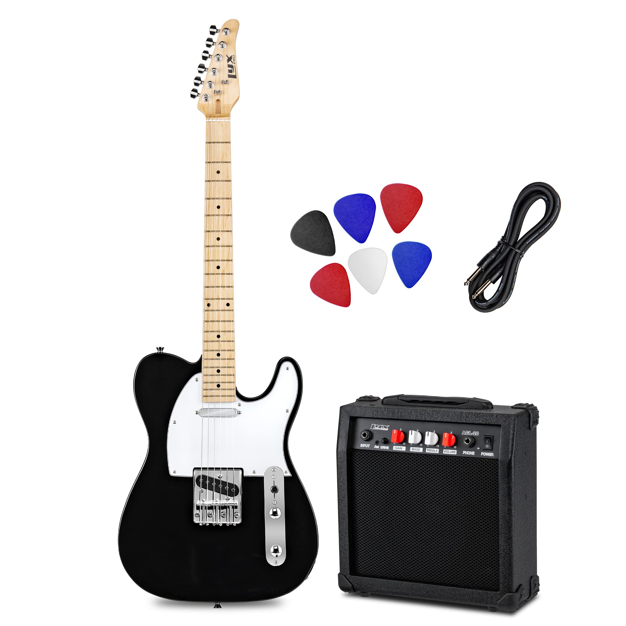 Lyxpro 39A Electric Telecaster Guitar Kit, 20 Watt Amp Speaker, Solid Full-Size Wood Body, C-Shape Neck, Quality Gear Tuners, 3-