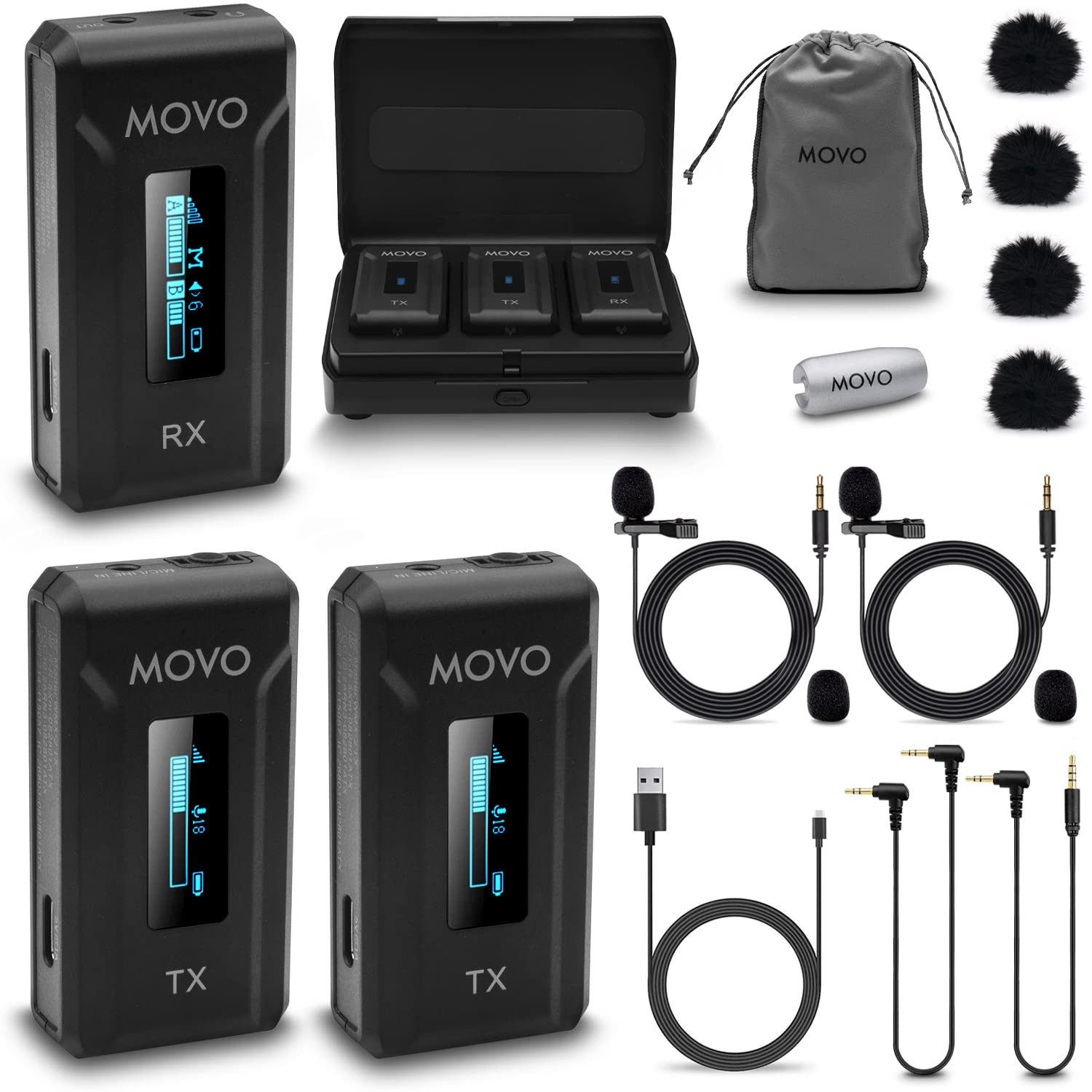 Movo WMX-2-DUO Wireless Camera Microphone Lapel Mic with Charging Case - Lav Mic, Wireless Lapel Microphone 2.4GHz Lavalier, Lav