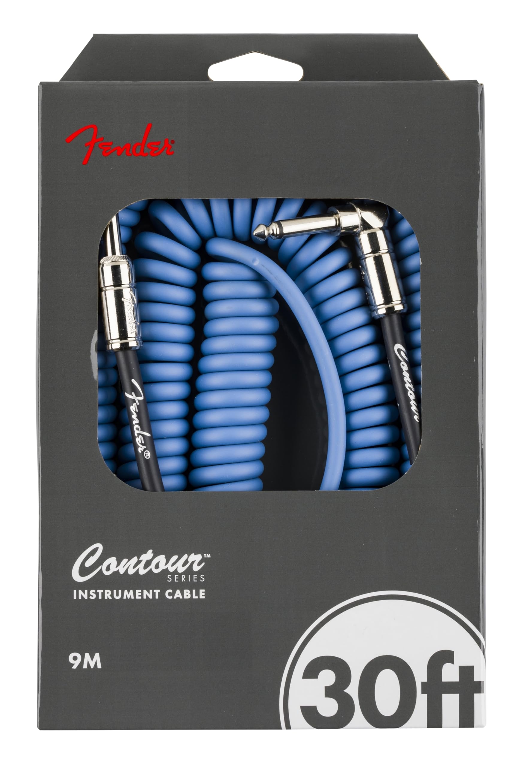 Fender Contour Coiled Instrument Cable, Guitar Accessories, Straight/Angle, Lake Placid Blue, 30 Ft