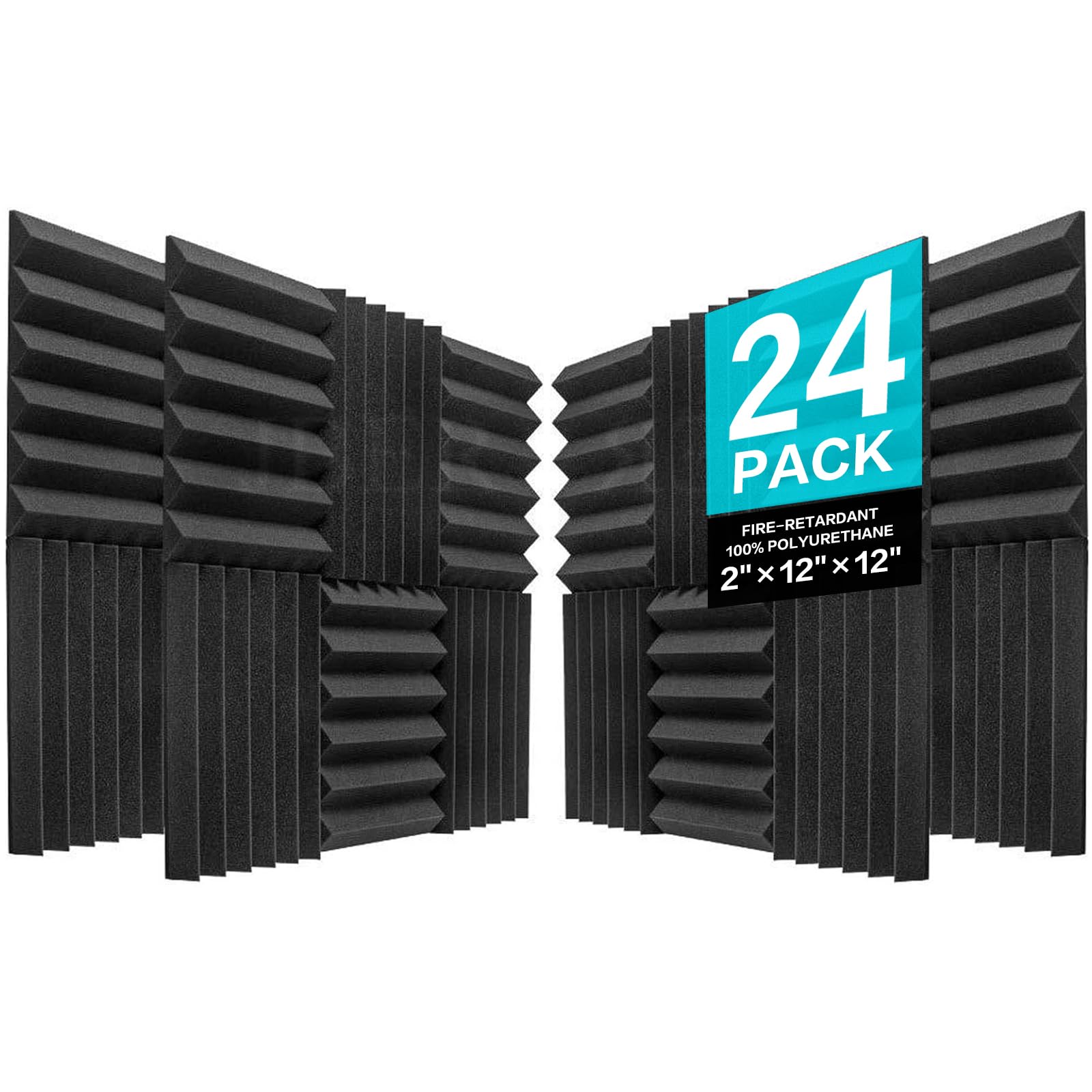 Jber Acoustic Panels Studio Foam Wedges Fireproof Soundproof Padding Wall Panels 2'' X 12'' X 12'' (24 Pack Wedge 2'' - Charcoal