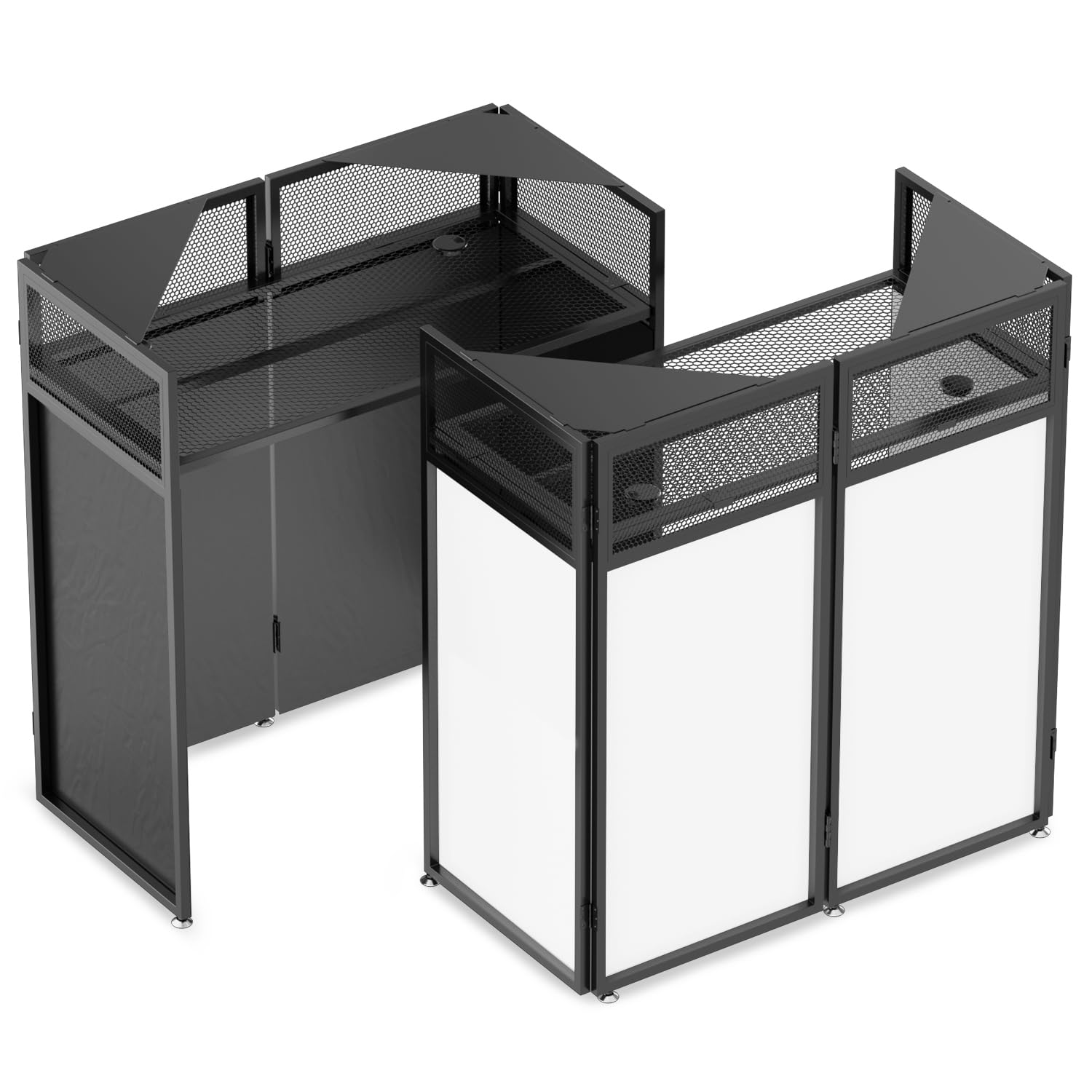 YooKoo Foldable DJ Booth with Two Top Trays, Tool-Free Assembly, DJ Table with White & Black Scrims, Metal Frame DJ Facade, DJ S