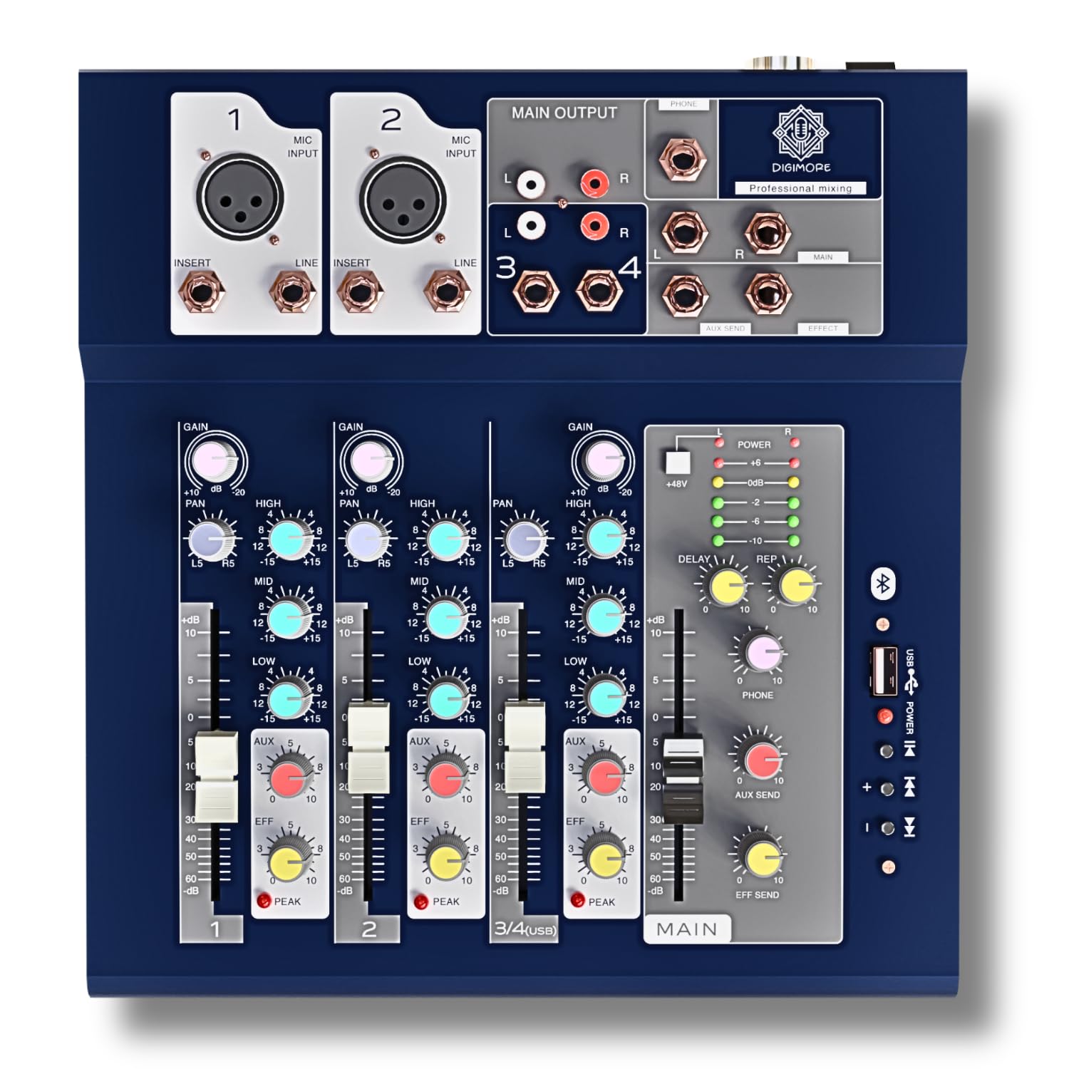 DIGIMORE Audio Mixer 4 Channel | Mixing Console with USB Audio mp3 and 48V Phantom Power, Stereo Equalizer, Ideal for Stage, Liv