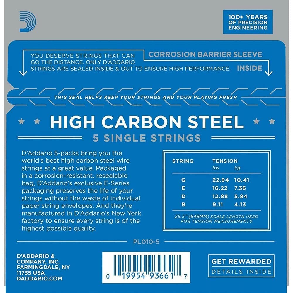 D'Addario PL010-5 Plain Steel Guitar Single String, 010 5-pack