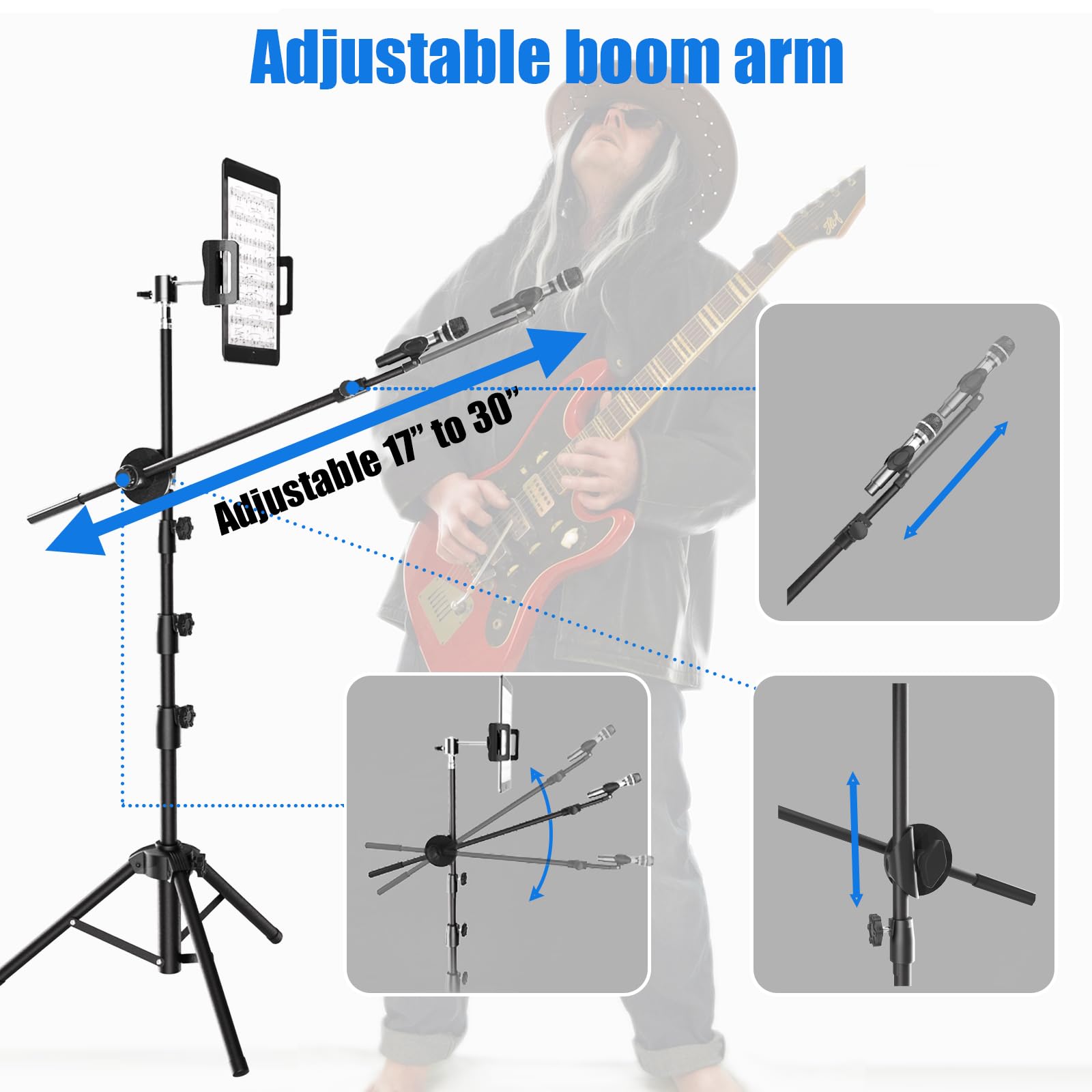 Kereal Microphone Stand Floor Boom Mic Stand with 360 Ball Head Tablet Holder, Two Mic Clips for Singing, Portable Mic stands Ad