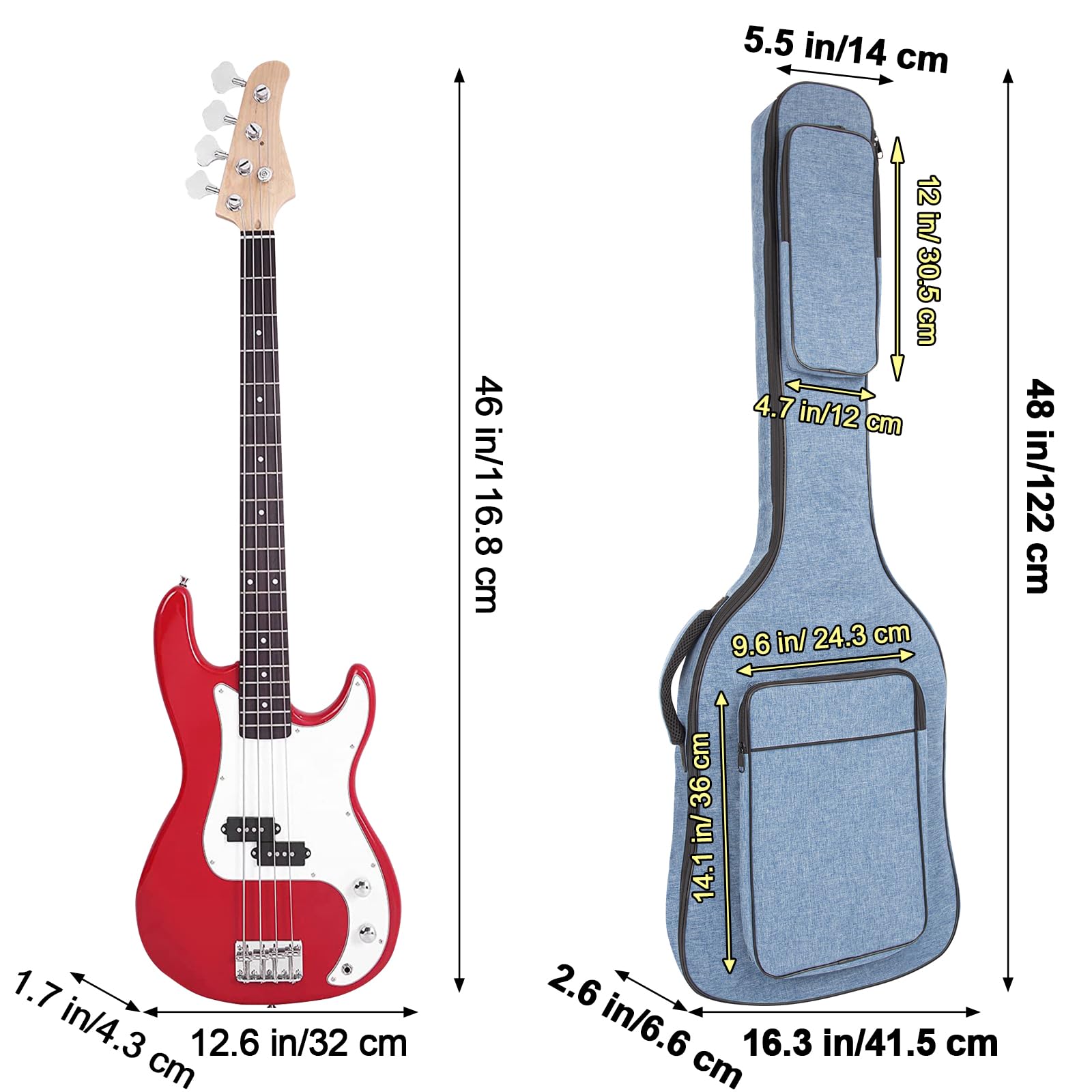 MUZTOP Bass Guitar Bag, 7MM Padding Bass Guitar Gig Bag Padded Soft Electric Bass Guitar Case Backpack with Pockets, Blue