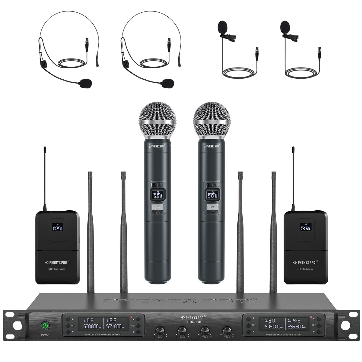 Phenyx Pro 4-Channel Wireless Microphone System W/Auto Scan, 4X40 Uhf Frequencies, 2 Handheld Dynamic Mics, 2 Bodypacks & Headse