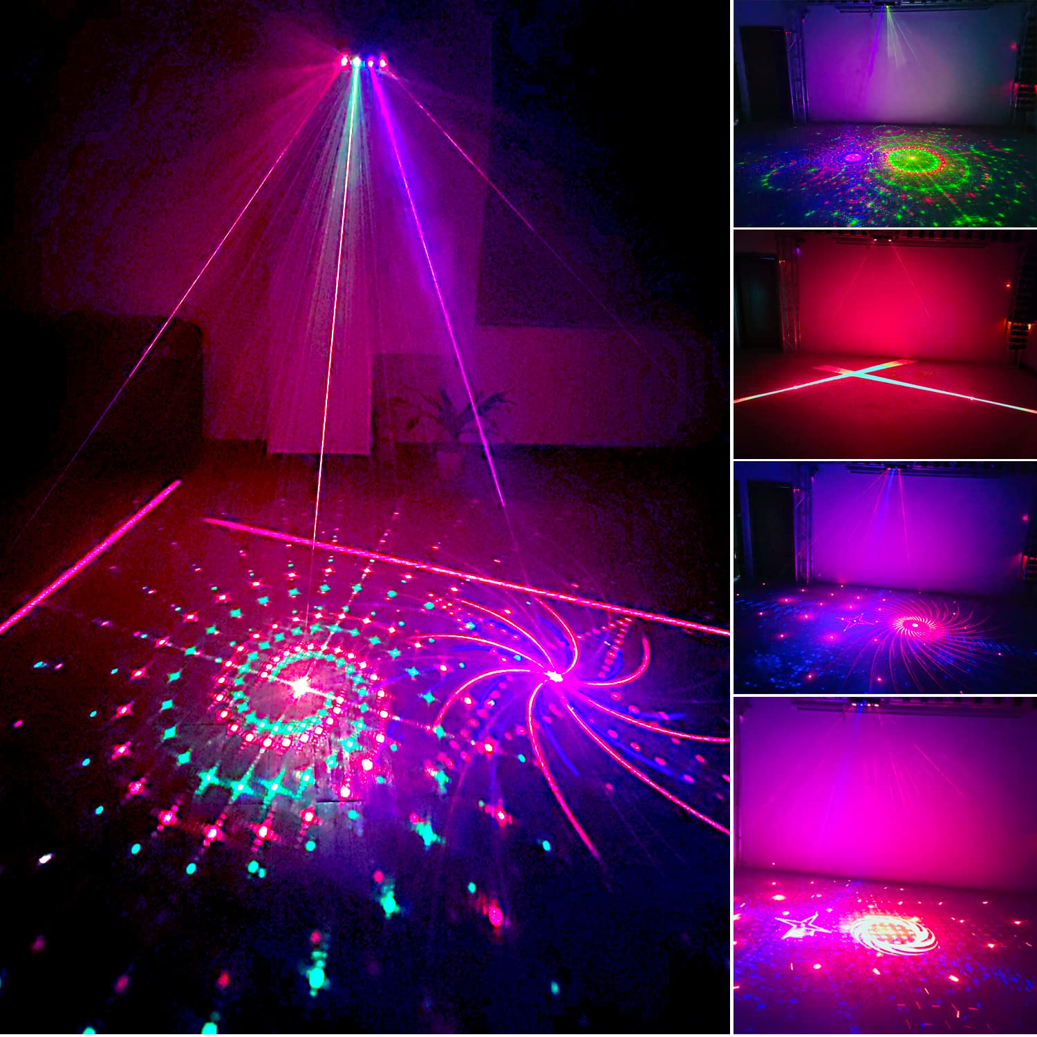 Upgraded 4 Lens DJ Disco Lights for Parties Laser Light Show with 9 LED Strobe Lights Remote&DMX512 Control, Sound Activated Clu