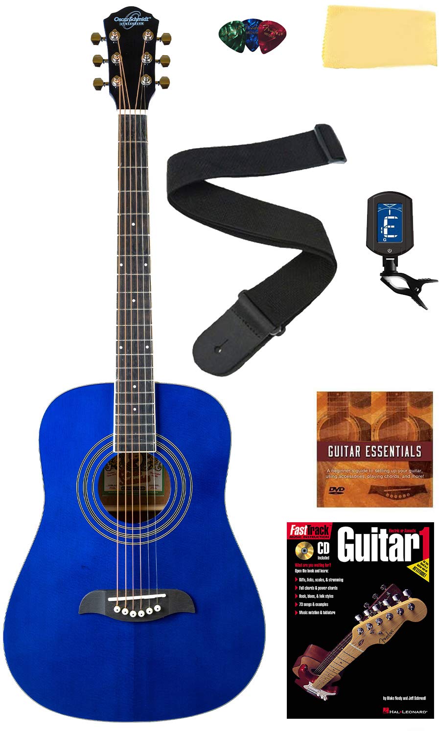 Oscar Schmidt Og5 3/4-Size Kids Acoustic Guitar - Blue Learn-To-Play Bundle With Tuner, Strap, Picks, Instructional Book/Dvd, An