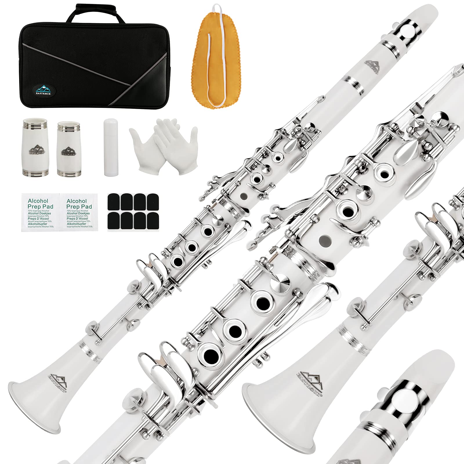 EASTROCK Bb Flat 17 Nickel Keys White Beginner Student Clarinet with 2 Barrels and Cleaning Kit
