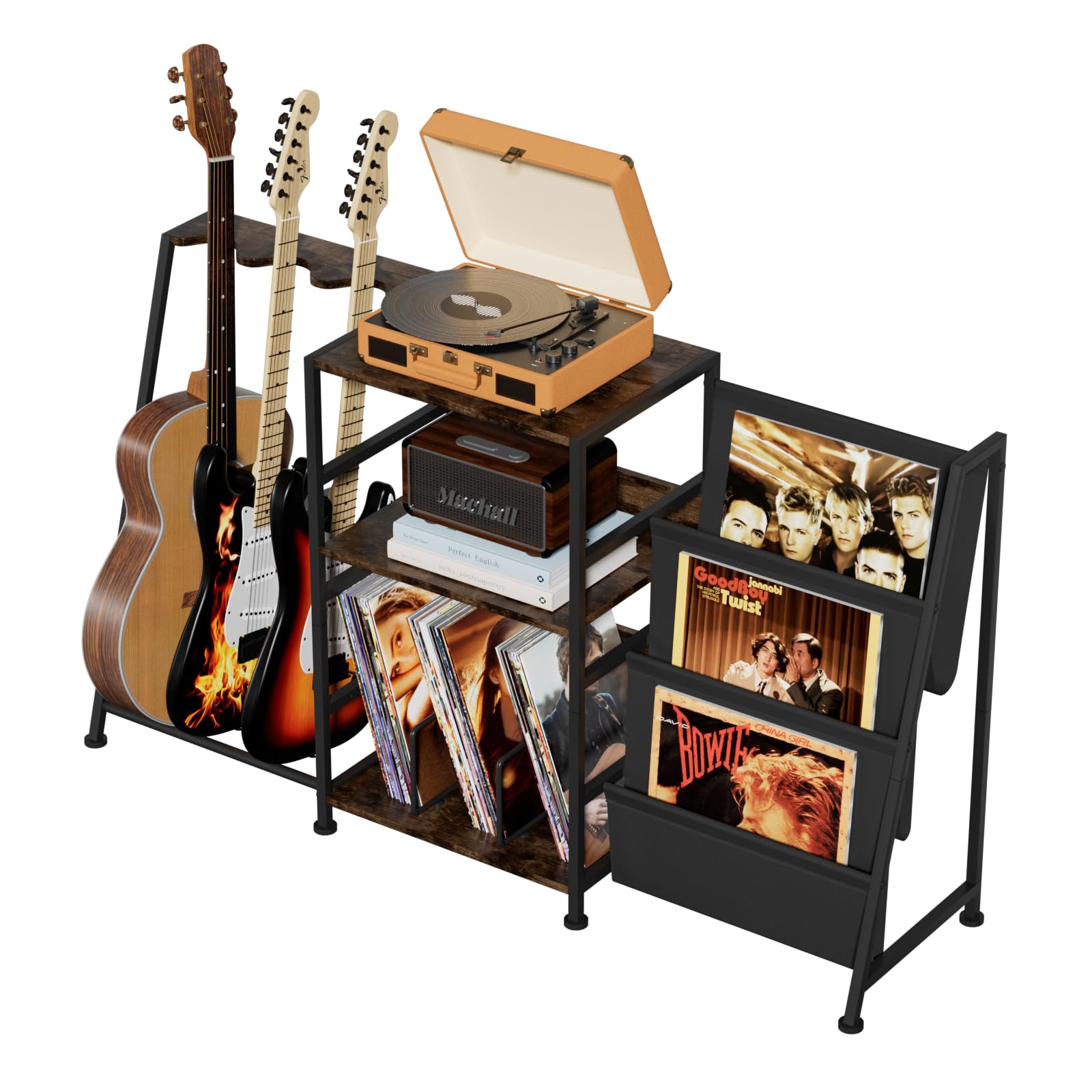Hosfais Record Player Stand, 3 Tier Guitar Stand For Acoustic, Electric Guitar, Bass Stand, Vinyl Record Storage Up To 250 Album