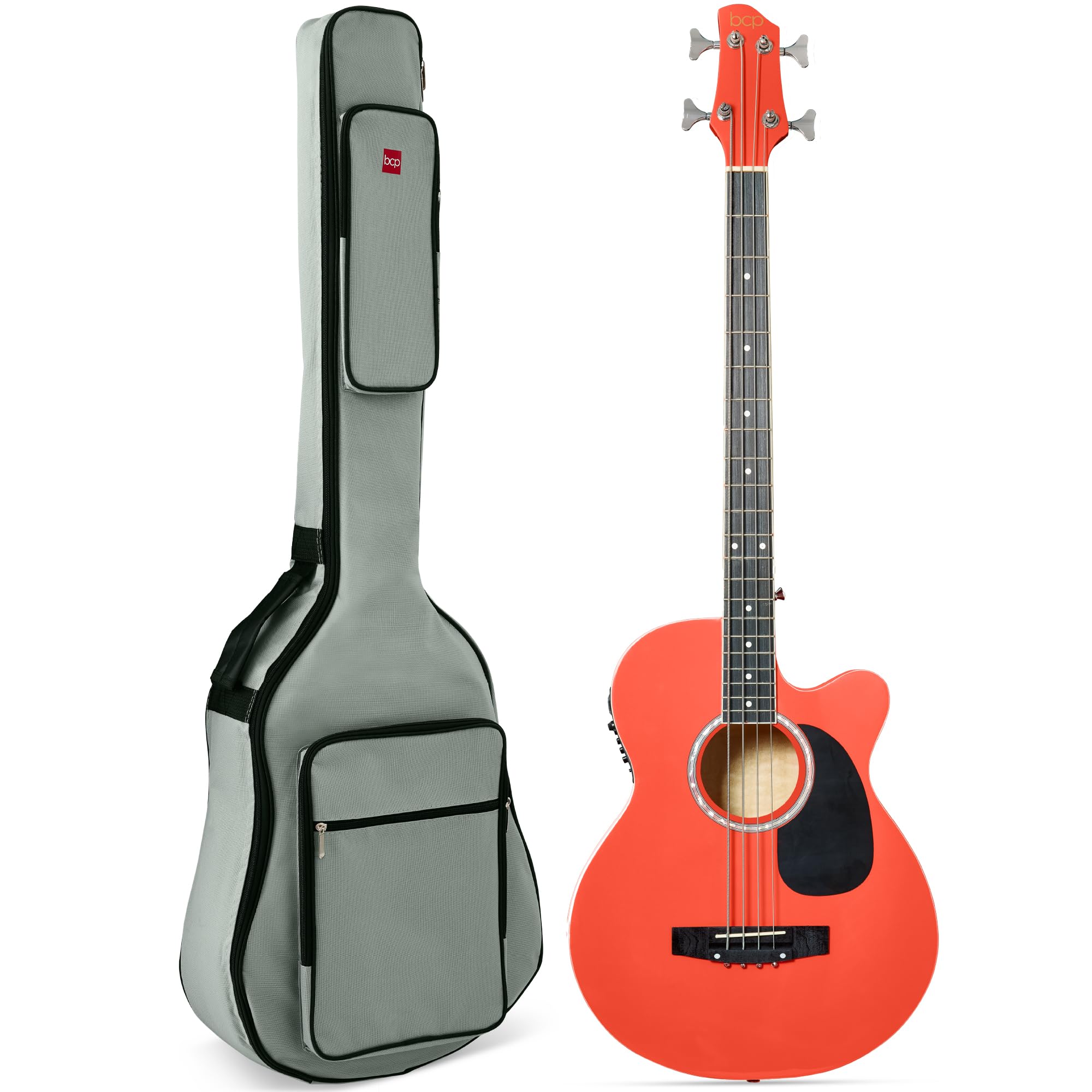 Best Choice Products Acoustic Electric Bass Guitar, Full Size 4 String, Fretted Bass Guitar W/Padded Gig Bag - Red