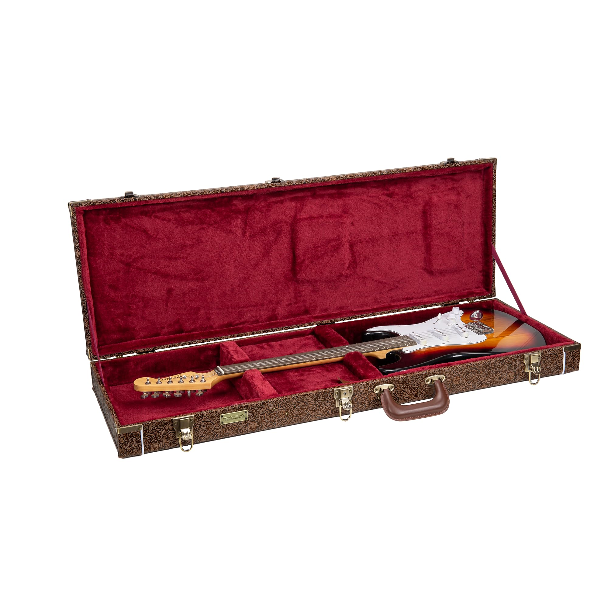 Crossrock Rectangular Wooden Electric Guitar Case For Fender Stratocaster & Telecaster | Blossom Brown Faux Leather, Burgundy Ve