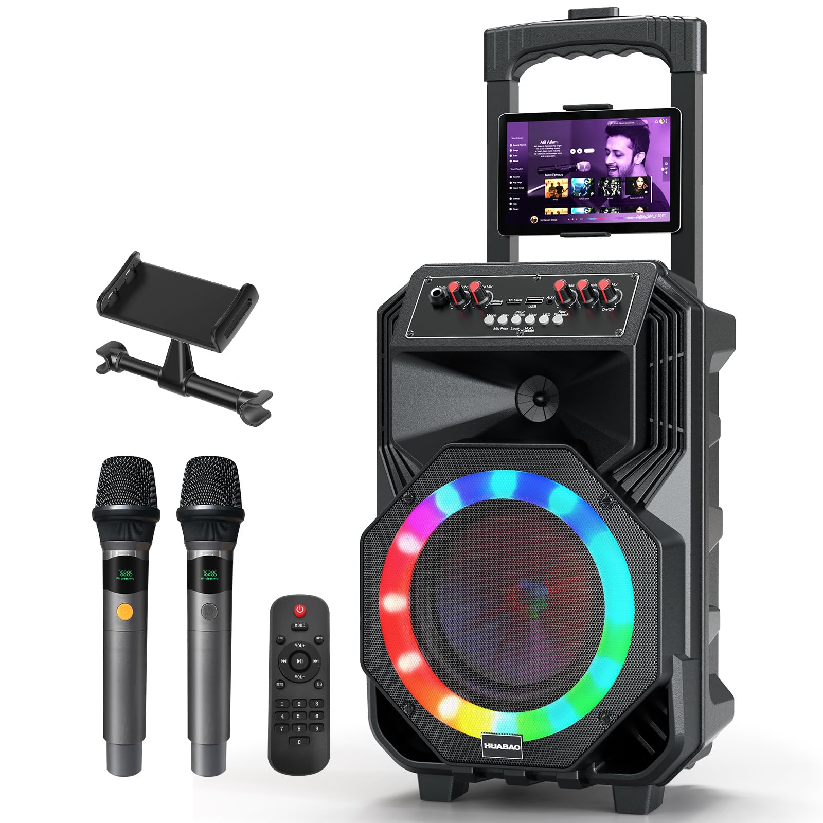 Karaoke Machine with 2 Wireless Microphones, Rolling Wheels, and Trolley - 8800mAh Portable Bluetooth Speaker, PA System with Li