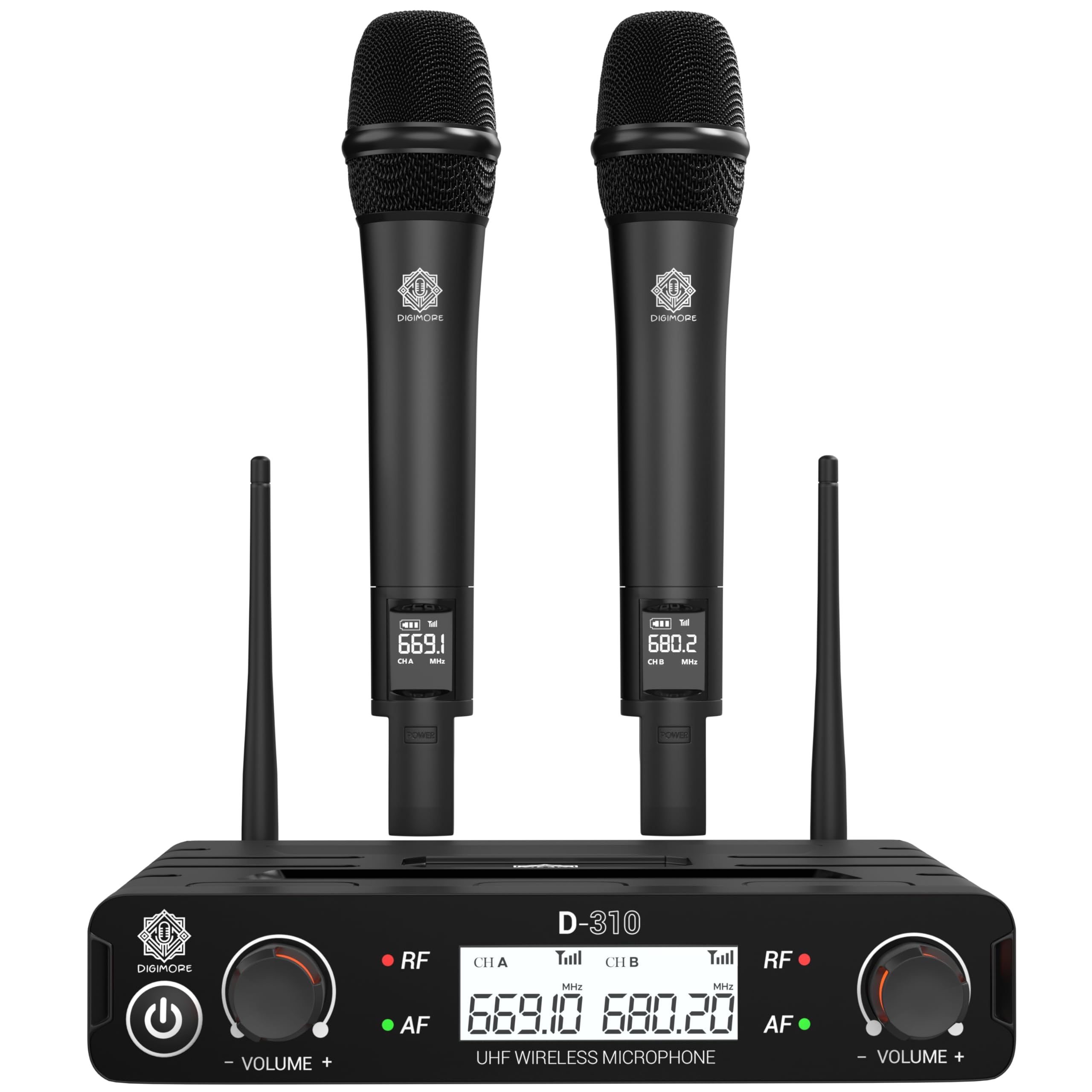 Digimore Dual Wireless Microphone System | 324Ft Range | Metal Body | Cardioid Pickup | Xlr Bal + 6.35Mm Unbal Outs | For Singin