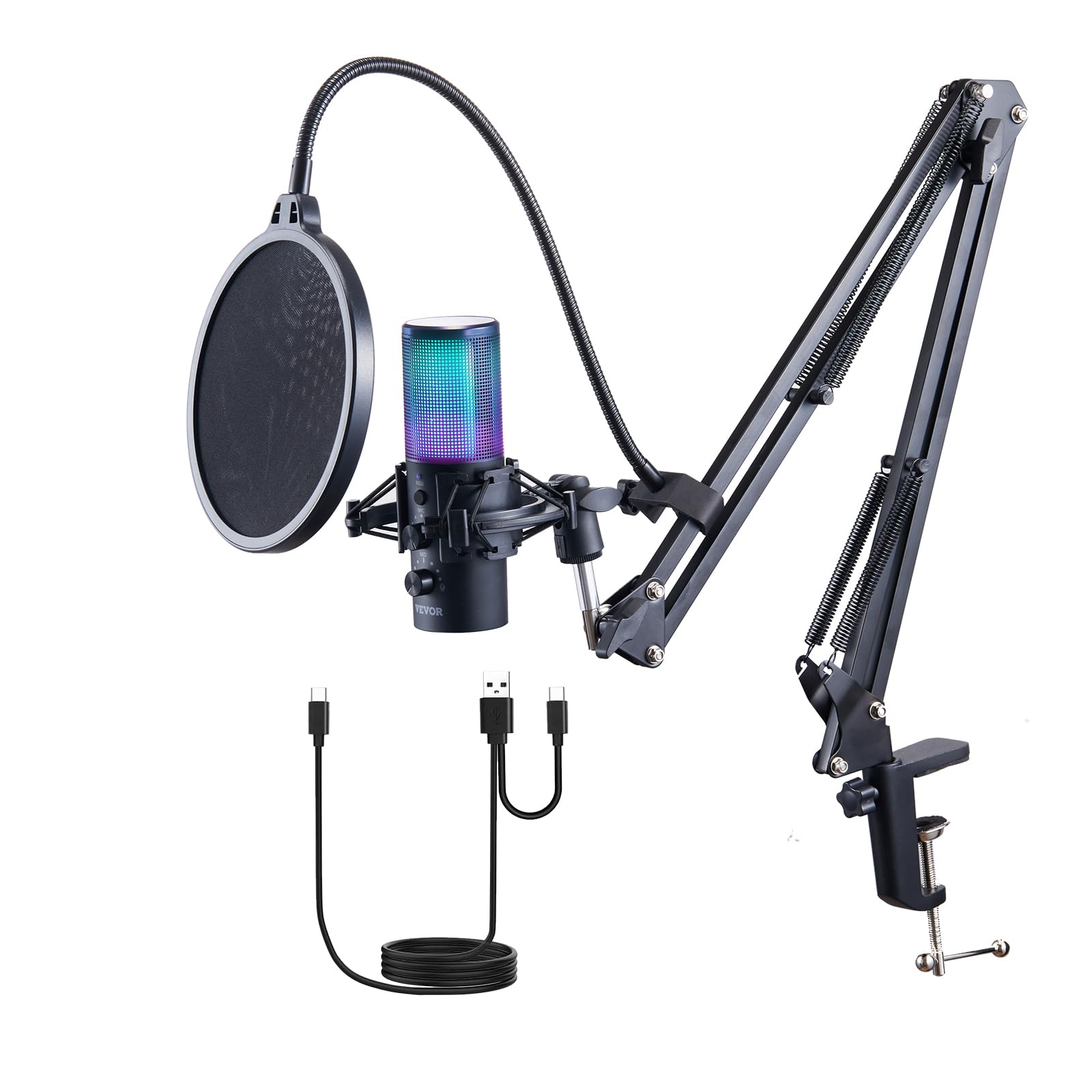Vevor Usb Microphone, 192 Khz/24-Bit, Professional Condenser Microphone Kit With Boom Arm Stand Pop Filter Shock Mount, 11 Rgb L