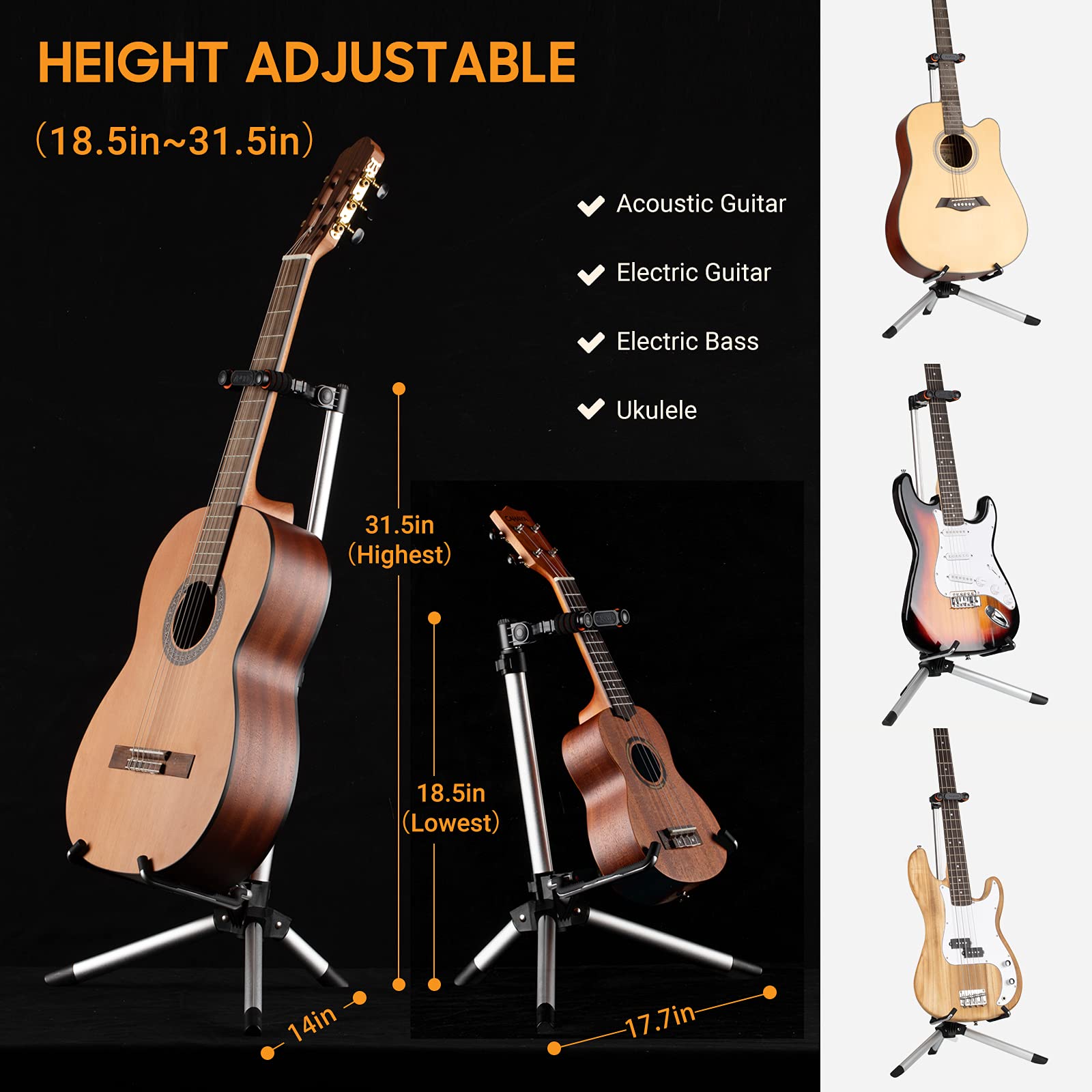 CAHAYA Guitar Stand Floor for Acoustic Electric Guitars and Bass Adjustable Height Folding Guitar Stand Lightweight Travel Instr