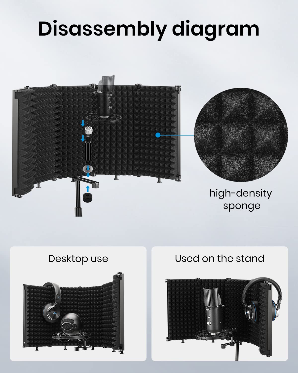 Moukey Microphone Isolation Shield, Foldable Mic Shield with Triple Sound Insulation, Reflection Filter with 3/8'' and 5/8'' Mic