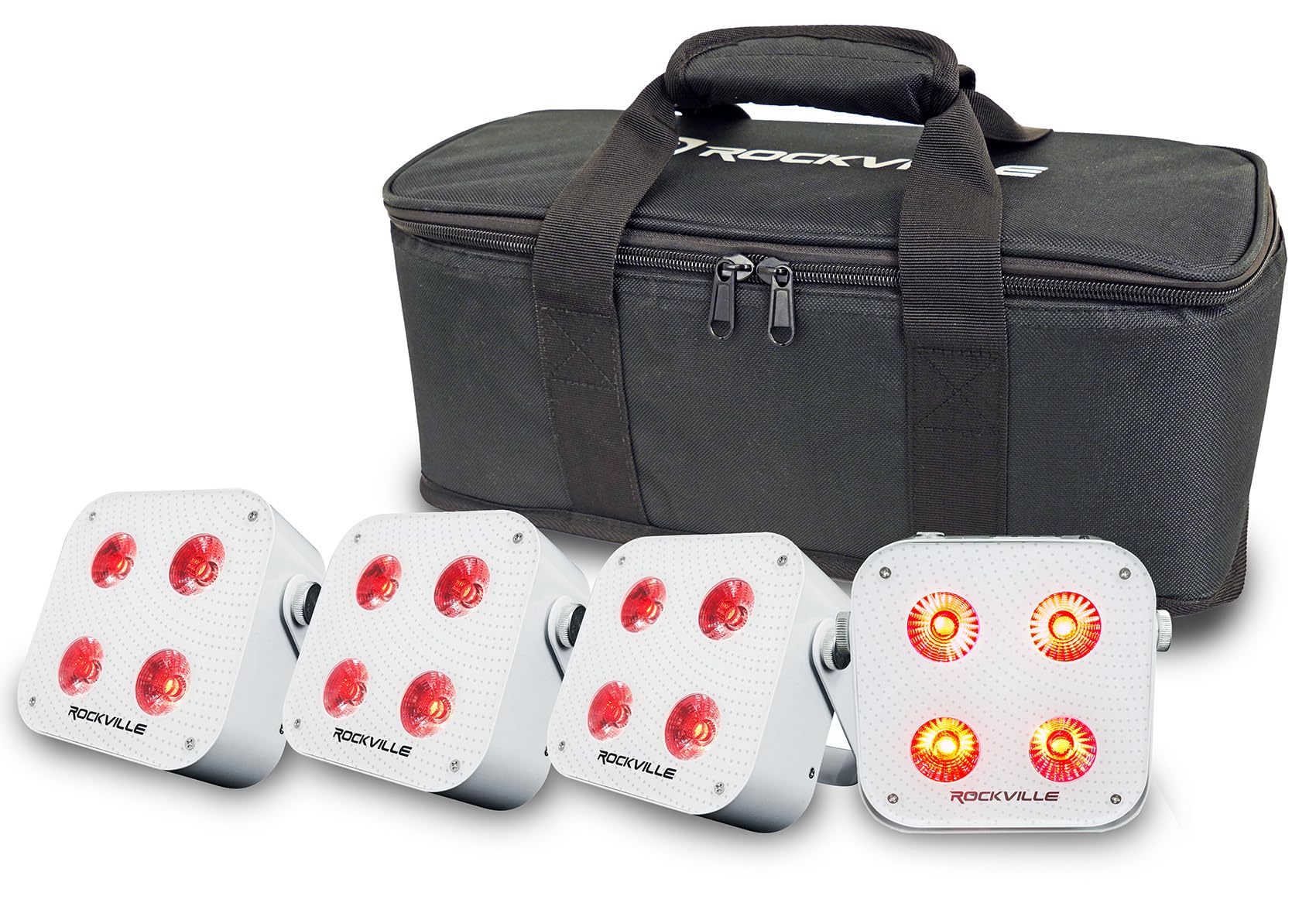 Rockville 4 Pack MINI IR4 White RGBWA+UV LED Par Wash Lights, Wireless DMX, App & Remote Control, Rechargeable Battery, Travel B
