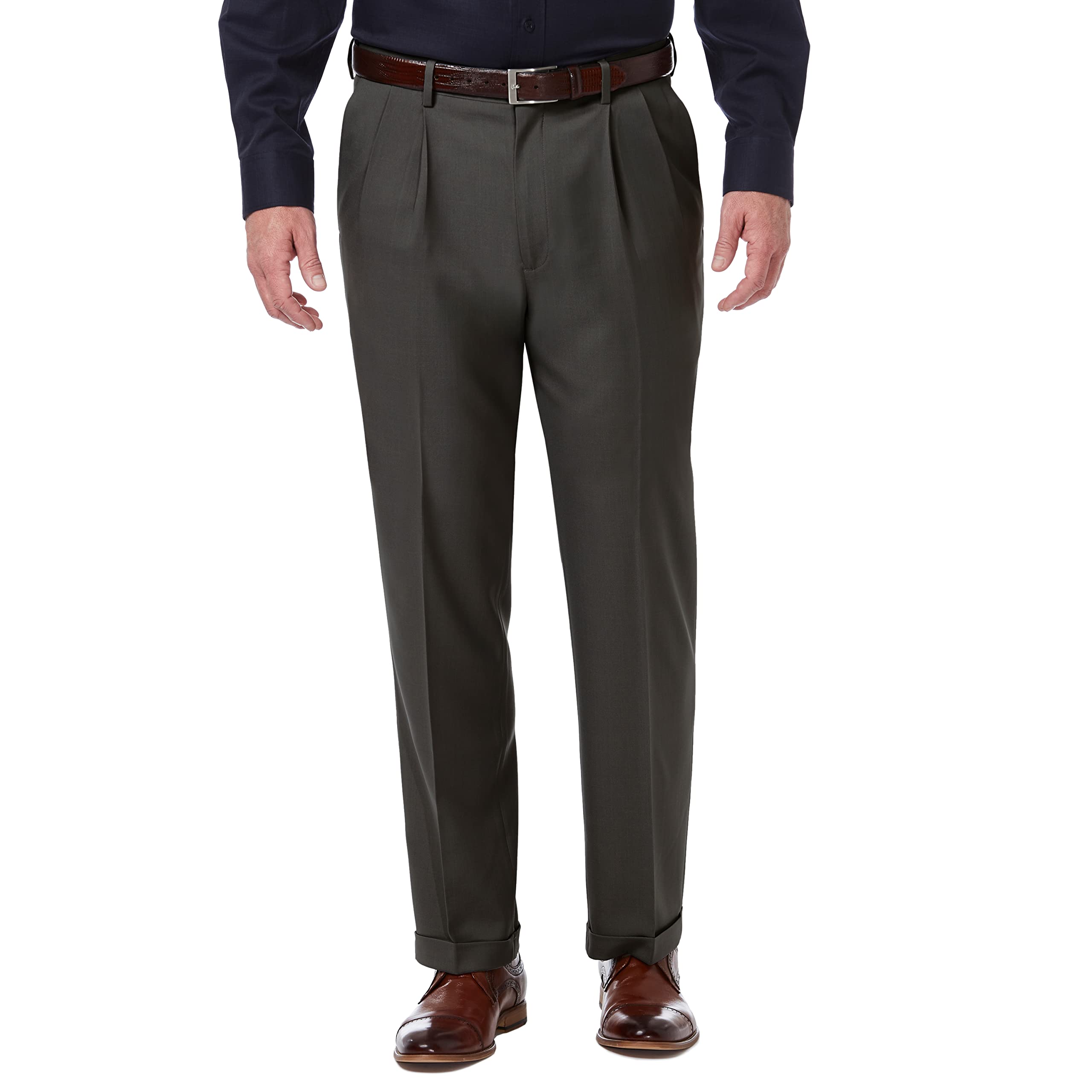 Haggar Mens Premium Comfort Classic Fit Pleat Expandable Waist Dress Pants, Charcoal, 34W X 30L Us