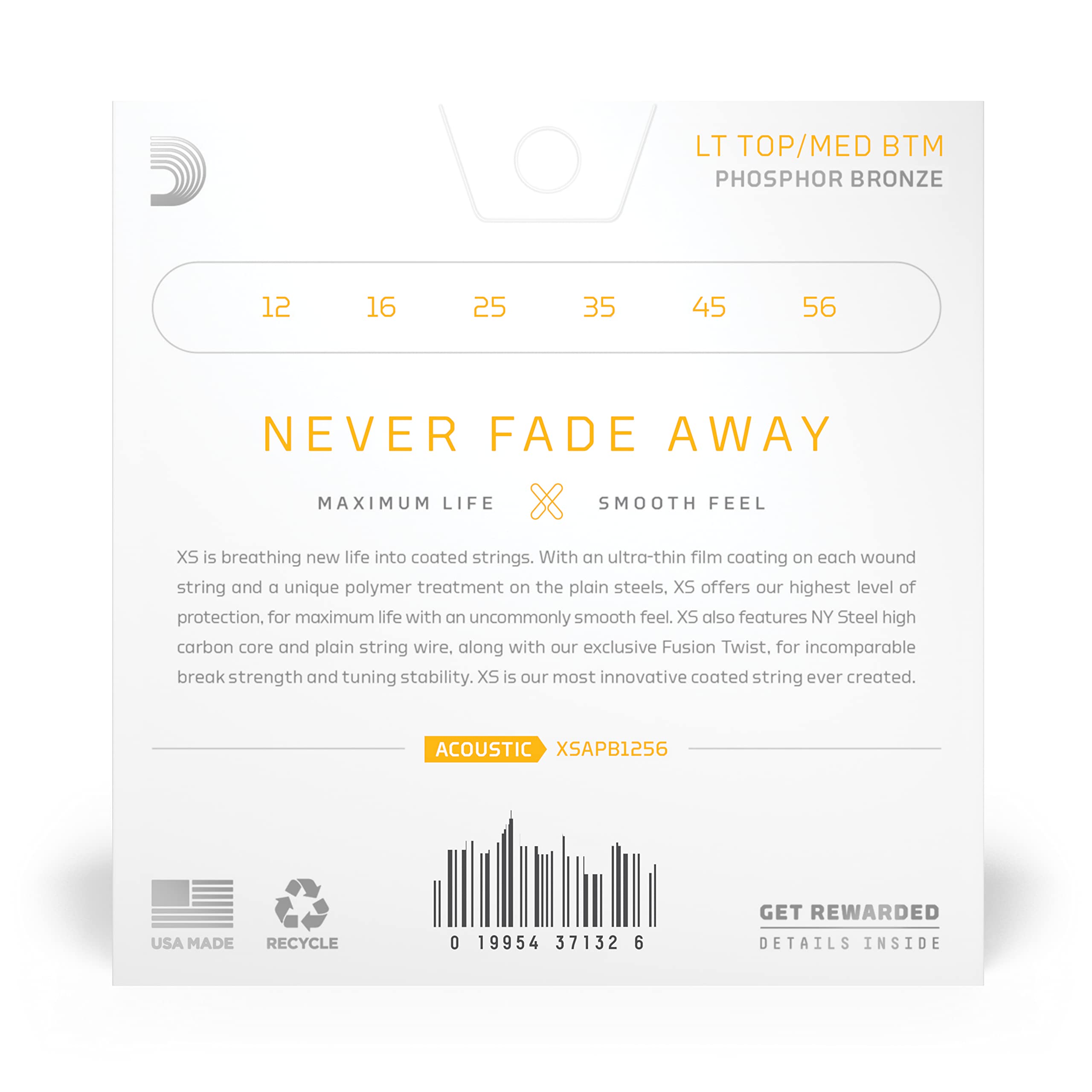 D'Addario Guitar Strings - XS Phosphor Bronze Coated Acoustic Guitar Strings - XSAPB1256 - Maximum Life with Smooth Feel & Excep