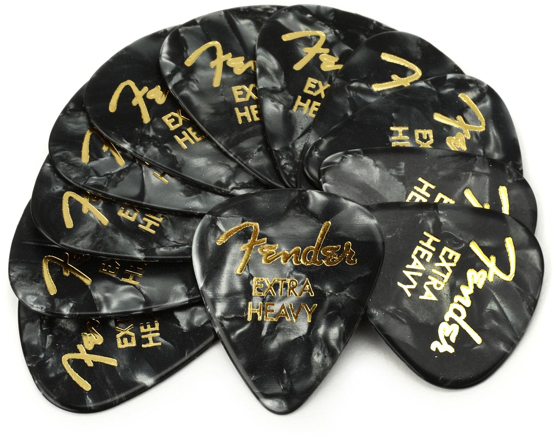 Fender Premium Celluloid Guitar Picks 351 Shape, Black Moto, Extra Heavy, 12-Pack