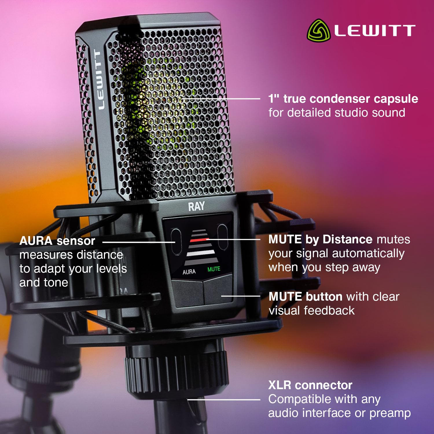 Lewitt RAY Microphone with Autofocus for Your Voice - Mute by Distance and Mute Button - for Podcasts, Streaming, Content and Mu