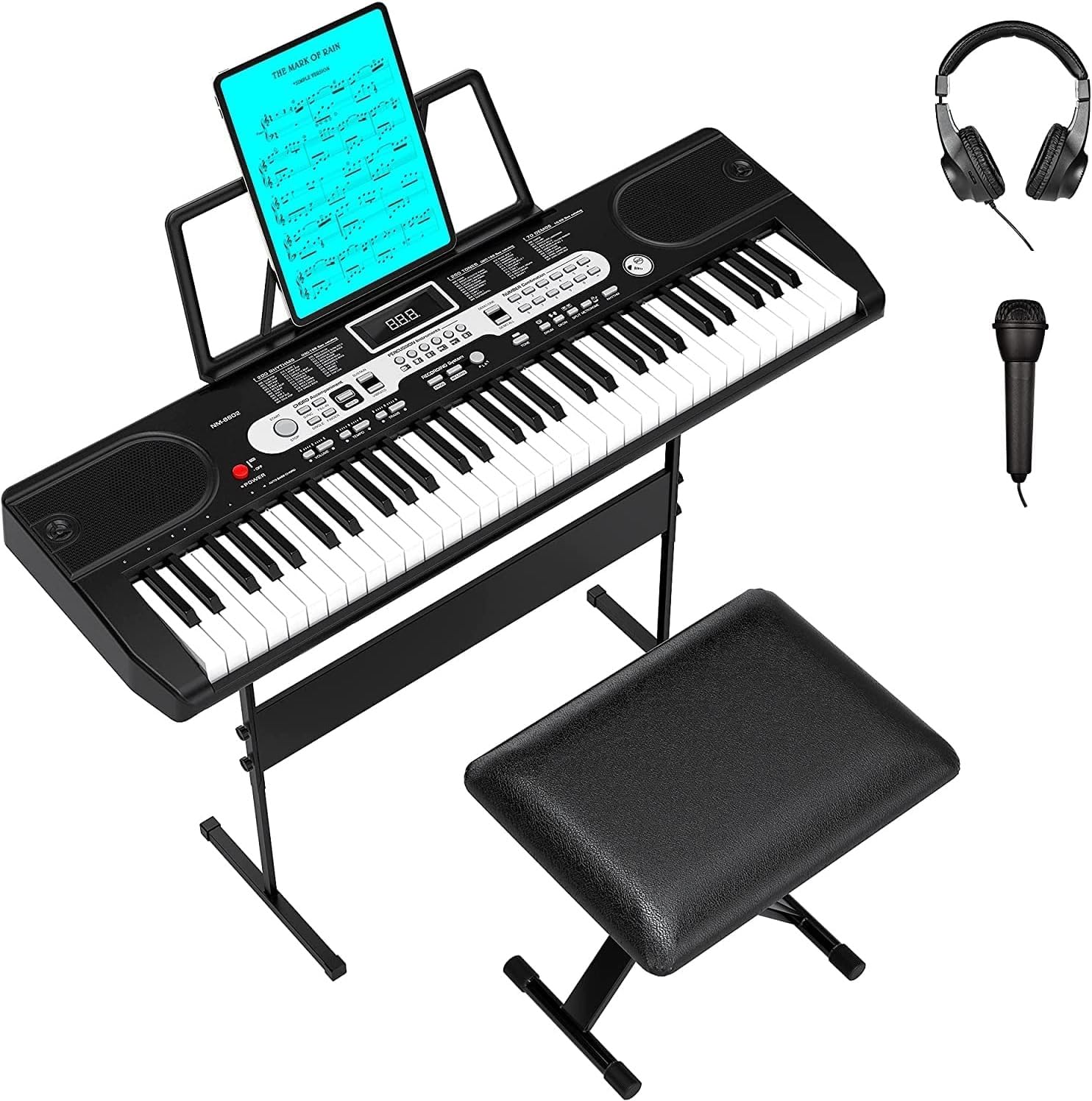 61-Key Electronic Keyboard Piano for Beginners, Complete Home Digital Piano Set with Microphone, Headphones, Adjustable x-Stand,