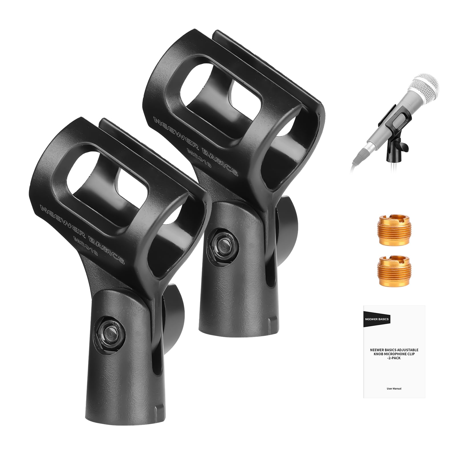 NEEWER BASICS Microphone Holder Accessories Kit 2 Pack, Adjustable Mic Clips with 3/8 to 5/8 Screw Adapters for Universal Wired 